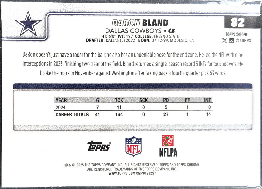2025 Topps Chrome DaRon Bland #82 Dallas Cowboys back