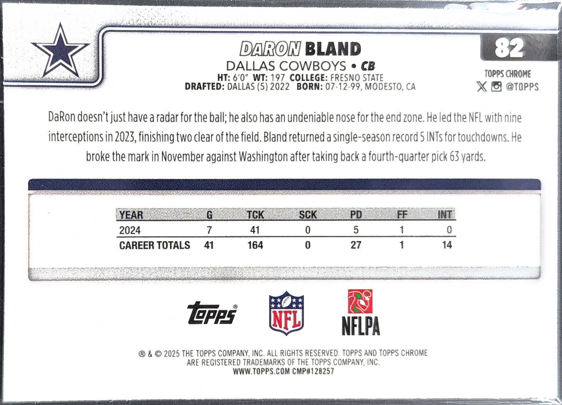 2025 Topps Chrome DaRon Bland #82 Dallas Cowboys back