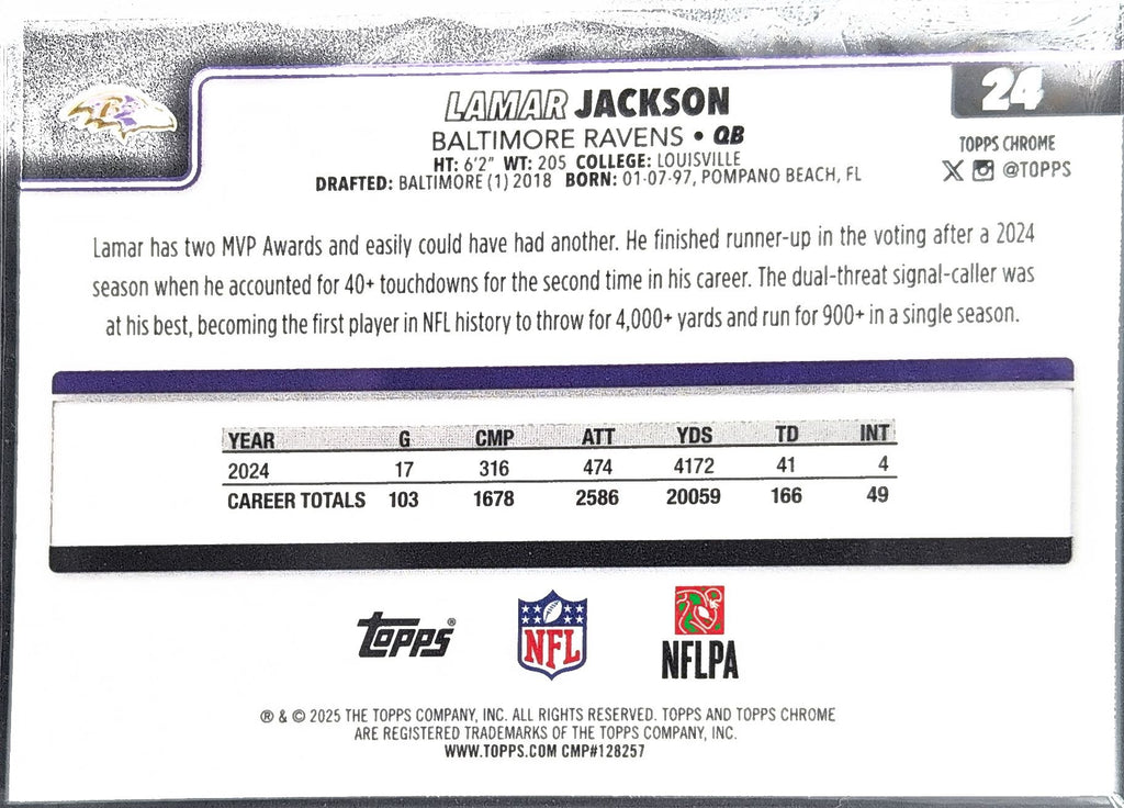 2025 Topps Chrome Lamar Jackson #24 Baltimore Ravens back