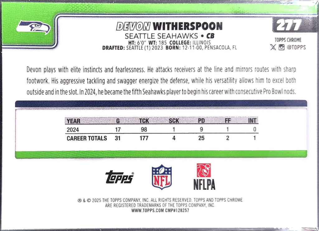 2025 Topps Chrome Devon Witherspoon #277 Seattle Seahawks back