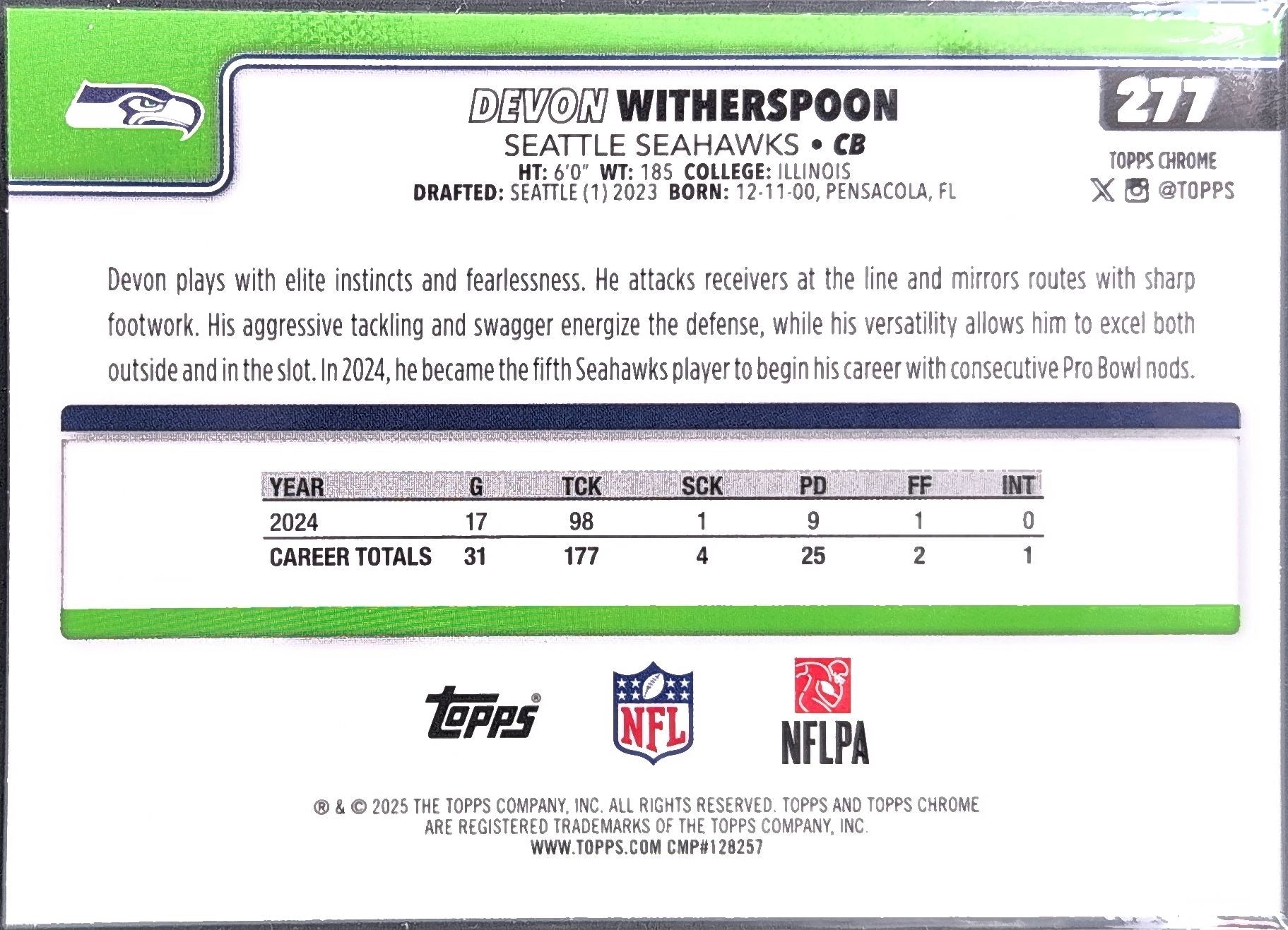 2025 Topps Chrome Devon Witherspoon #277 Seattle Seahawks back
