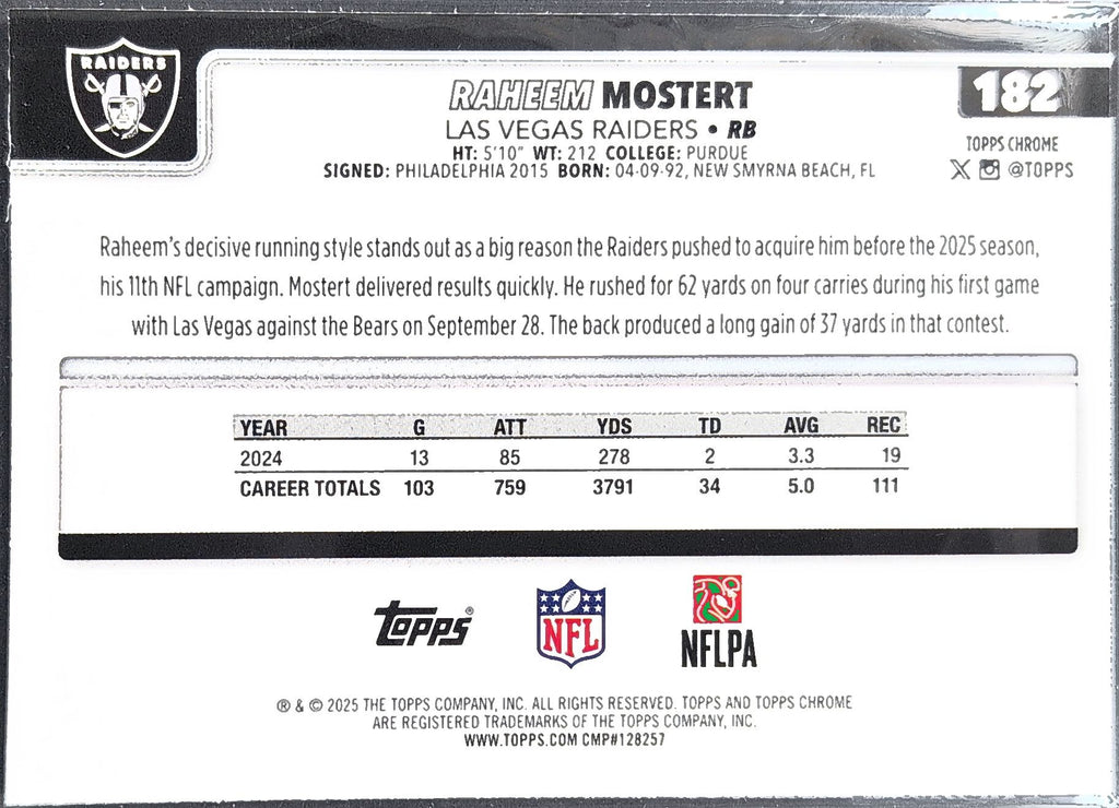 2025 Topps Chrome Raheem Mostert #182 Las Vegas Raiders back