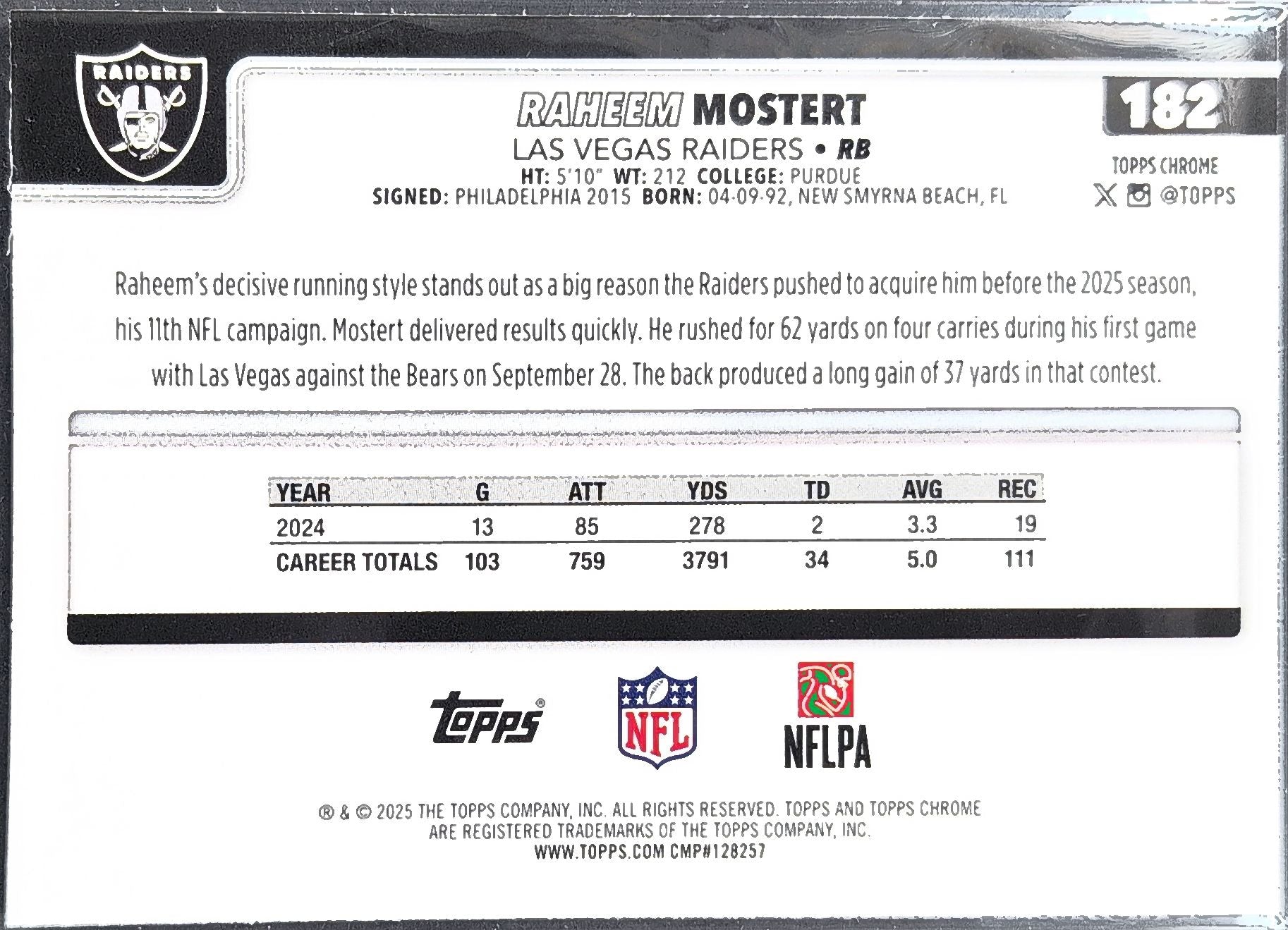 2025 Topps Chrome Raheem Mostert #182 Las Vegas Raiders back