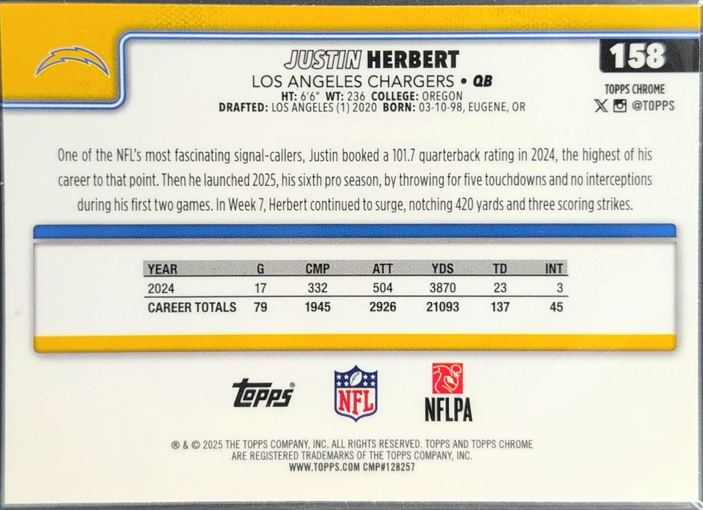 2025 Topps Chrome Justin Herbert #158 Los Angeles Chargers back