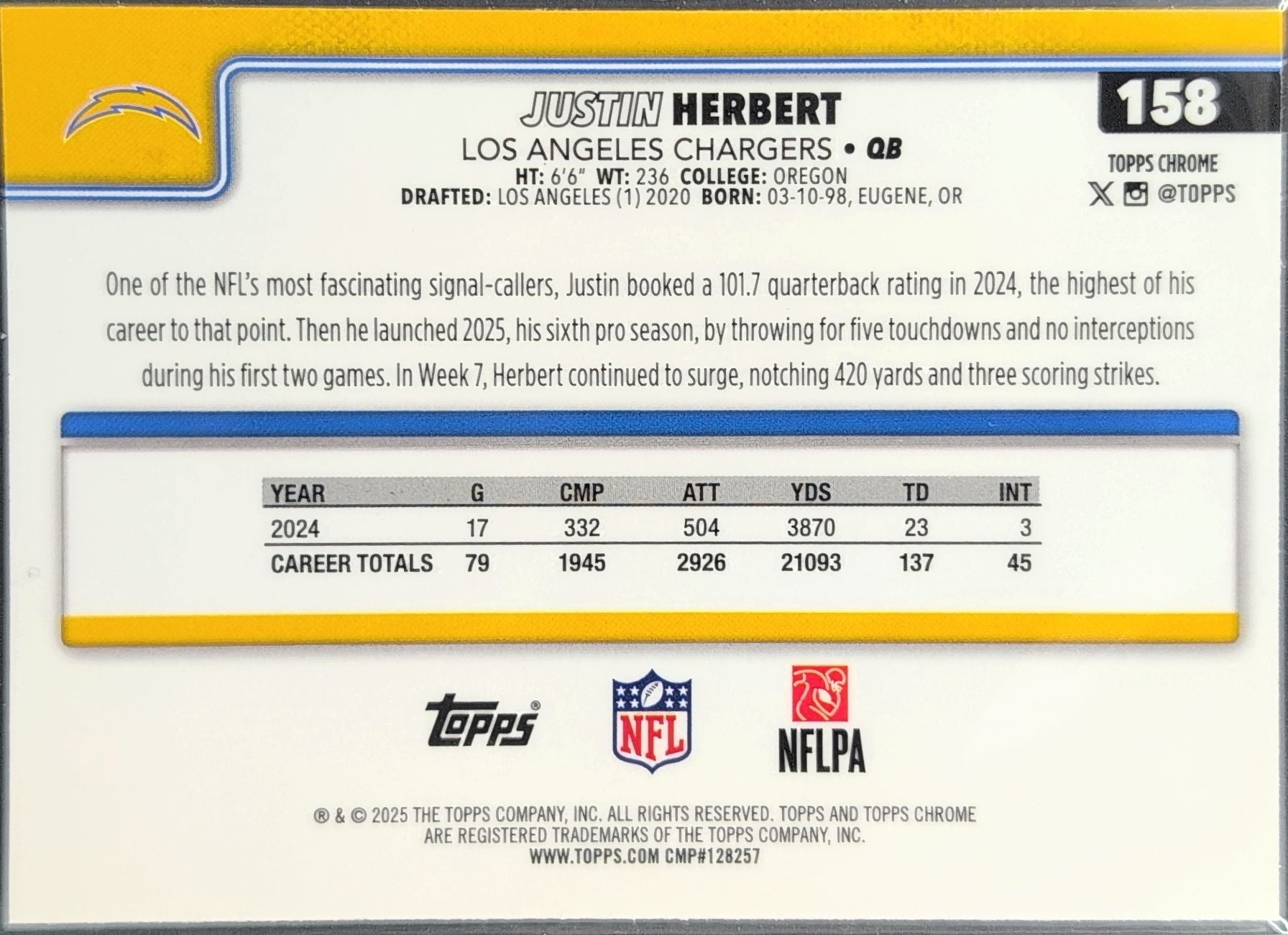 2025 Topps Chrome Justin Herbert #158 Los Angeles Chargers back