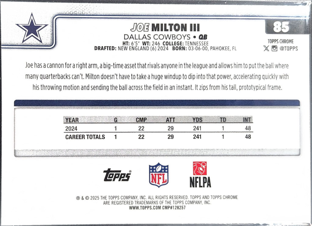 2025 Topps Chrome Joe Milton III #85 Dallas Cowboys back