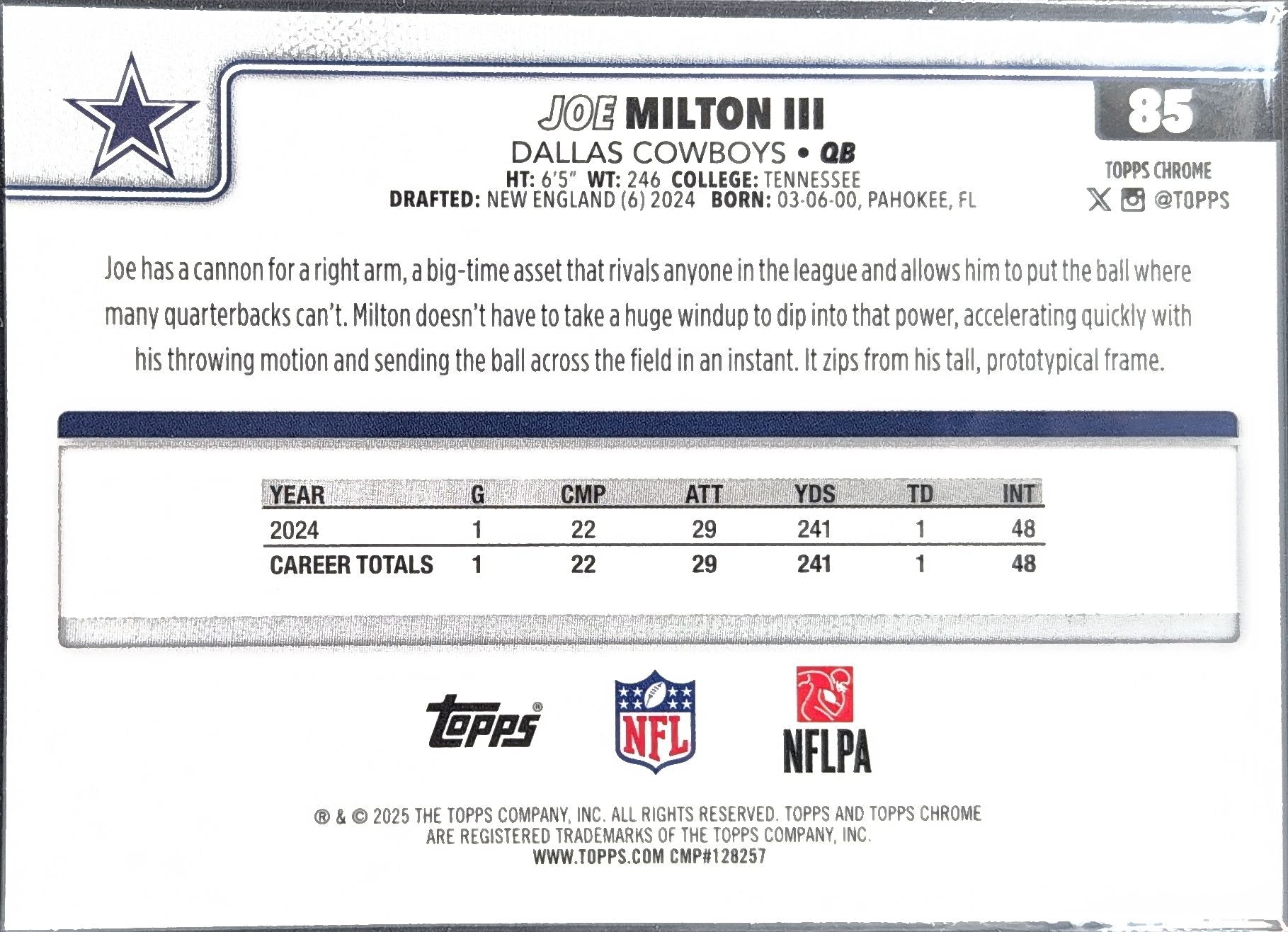 2025 Topps Chrome Joe Milton III #85 Dallas Cowboys back