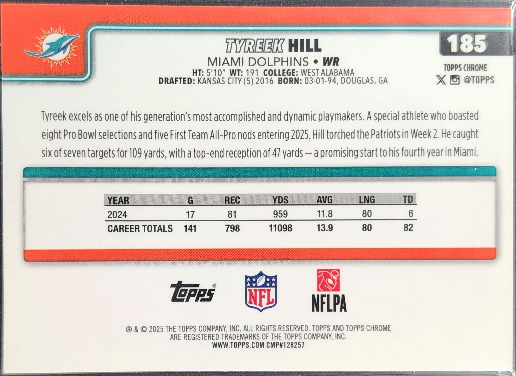 Tyreek Hill 2025 Topps Chrome #185 Miami Dolphins - back image