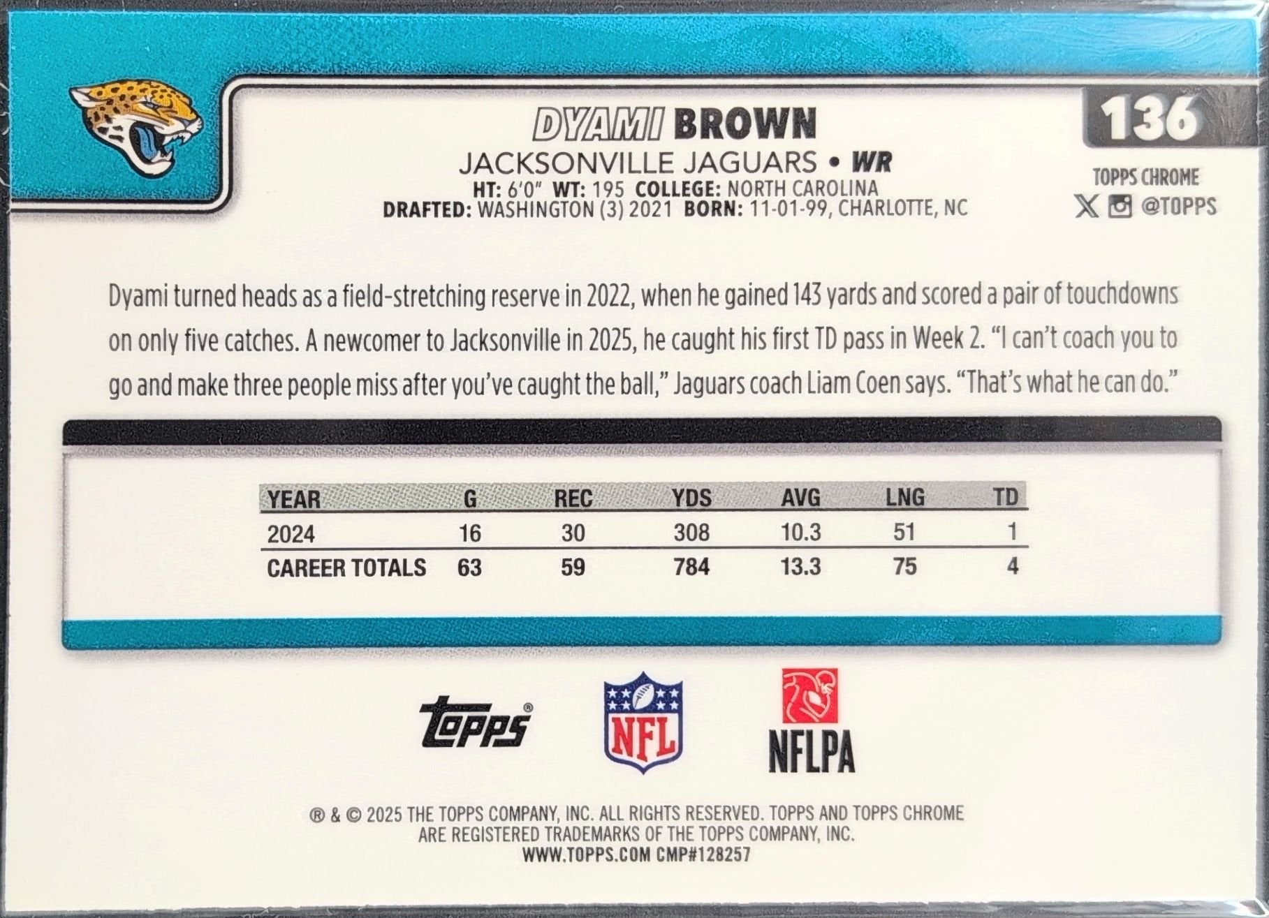 Dyami Brown 2025 Topps Chrome #136 Jacksonville Jaguars - back image