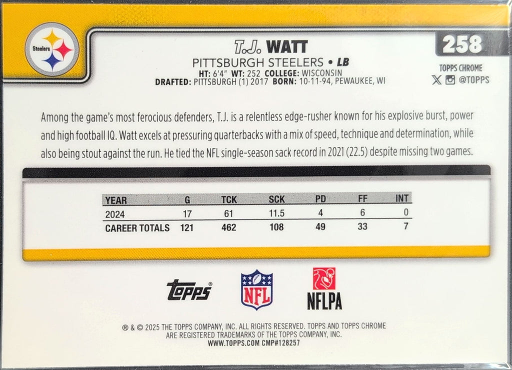 2025 Topps Chrome T.J. Watt #258 Pittsburgh Steelers back