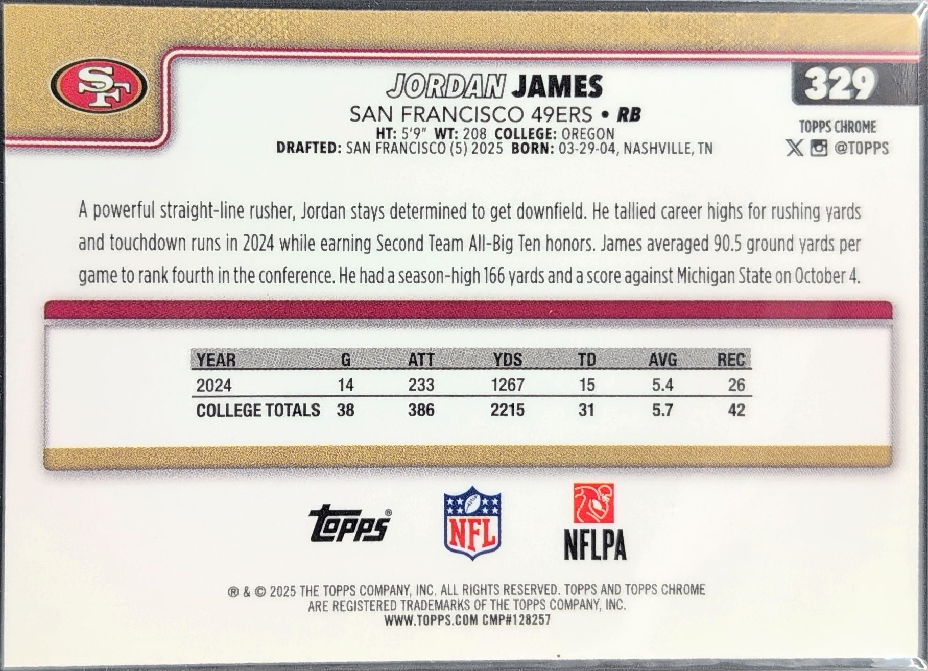 2025 Topps Chrome Jordan James #329 RC San Francisco 49ers back