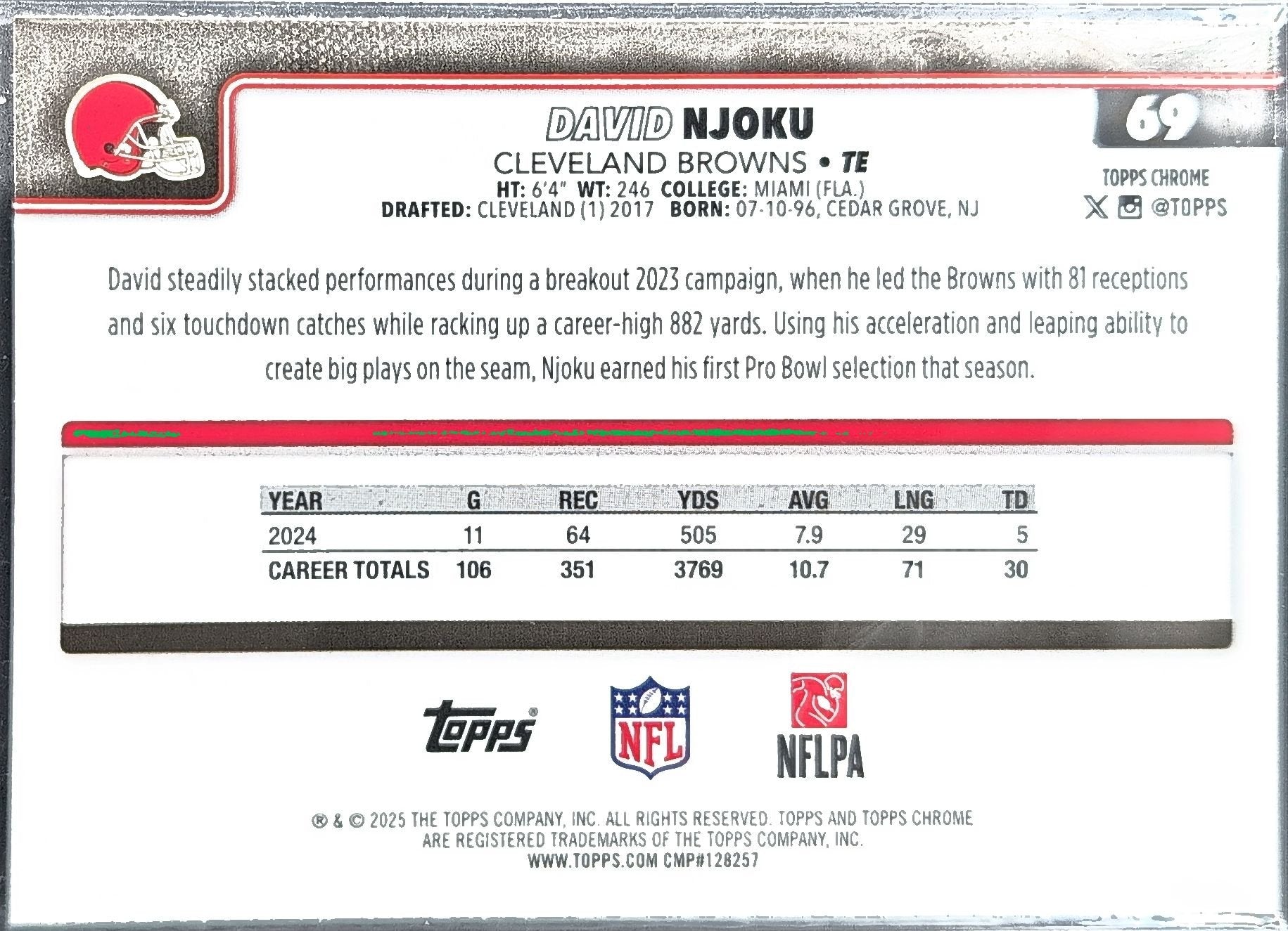 David Njoku 2025 Topps Chrome #69 Cleveland Browns - back image
