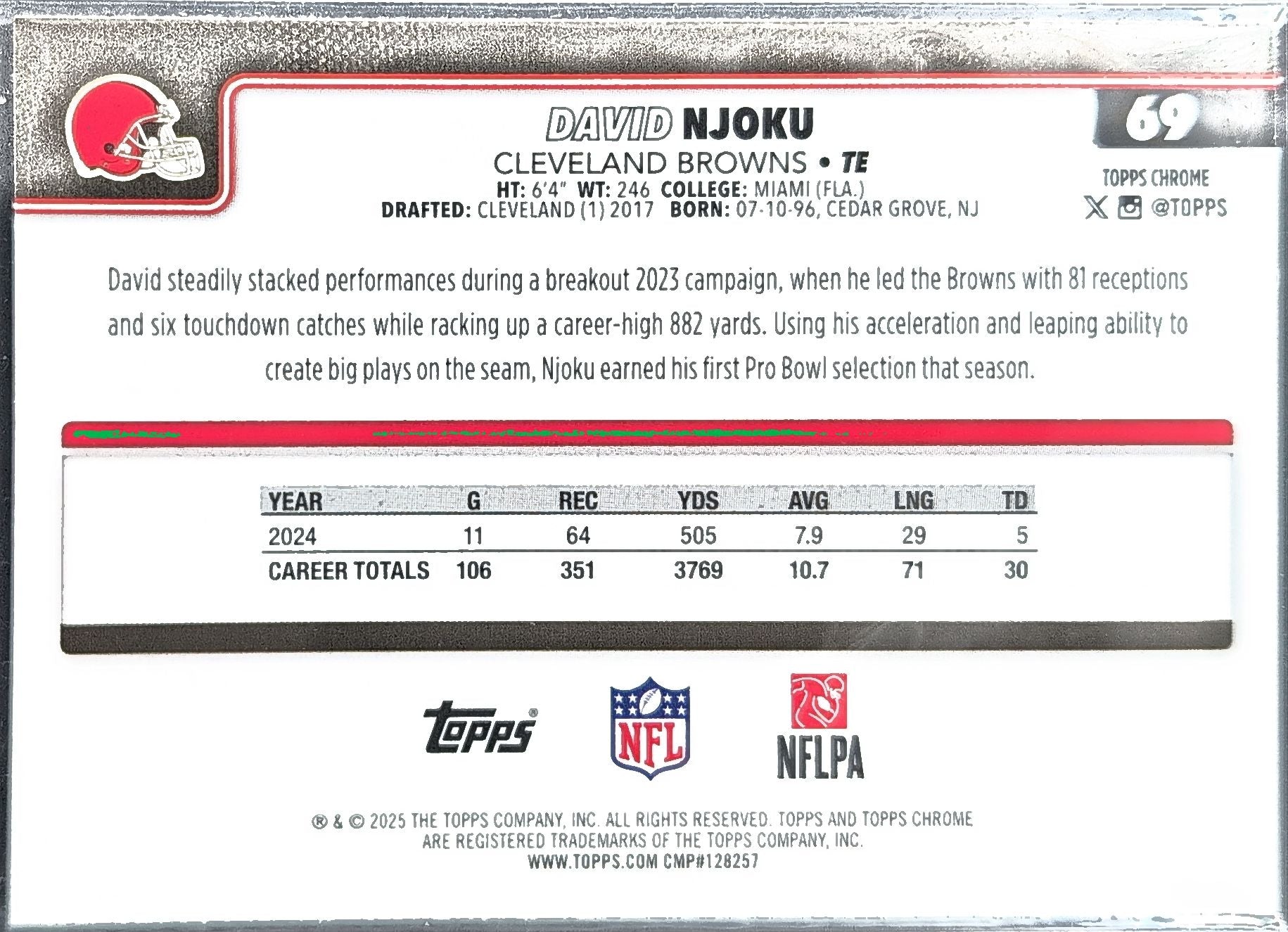 2025 Topps Chrome David Njoku #69 Cleveland Browns back