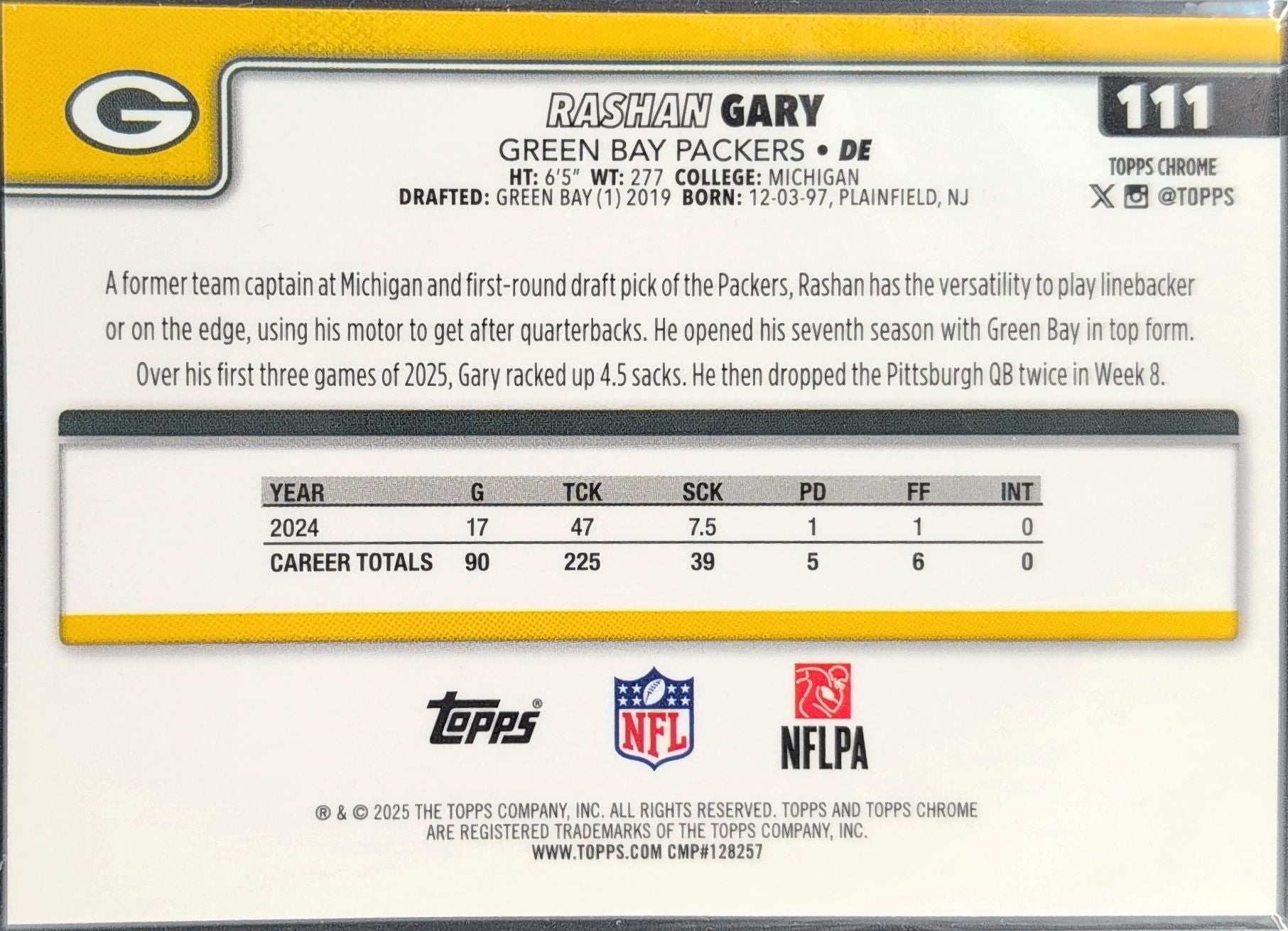 2025 Topps Chrome Rashan Gary #111 Green Bay Packers back