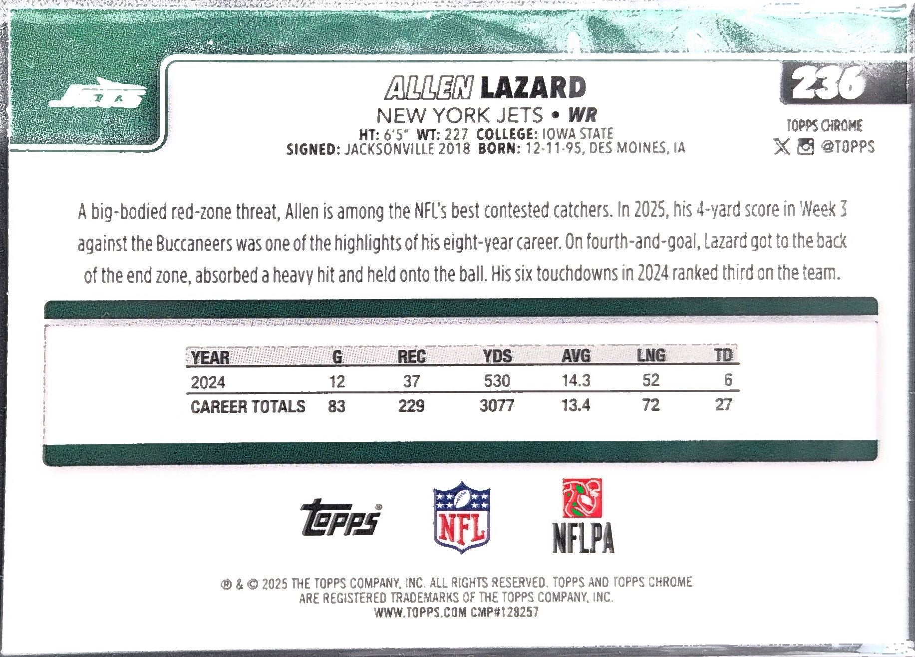 Allen Lazard 2025 Topps Chrome #236 New York Jets