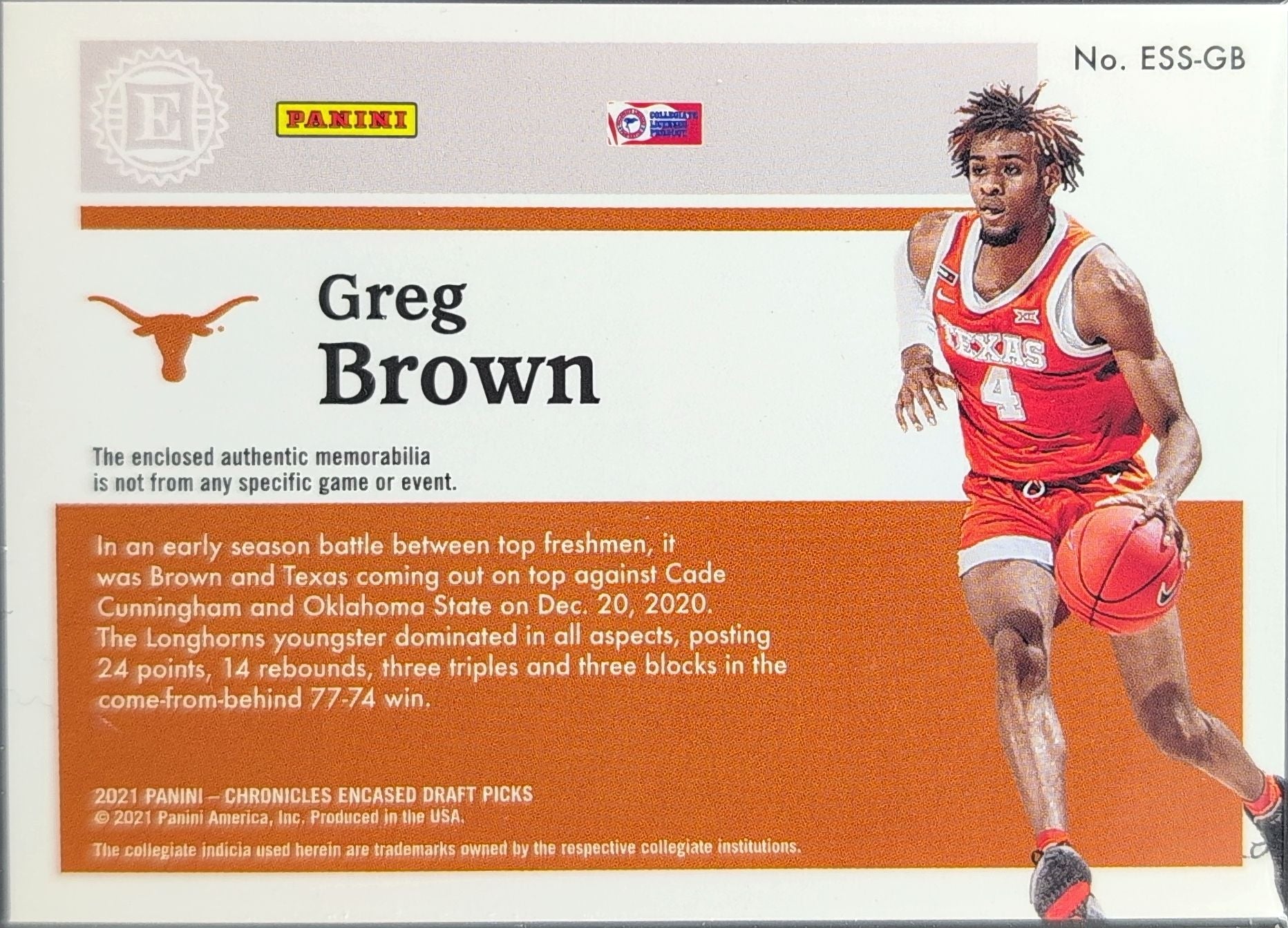 2021 Panini Chronicles Draft Picks Greg Brown III #ESS-GB Encased Substantial Rookie Swatches MEM Texas Longhorns back