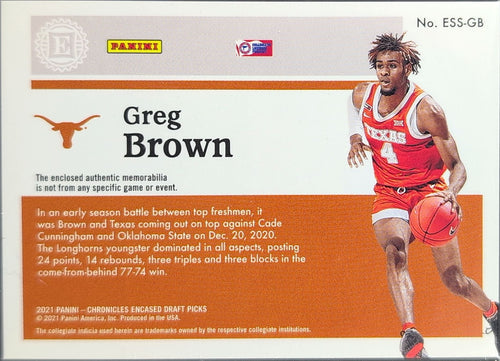 2021 Panini Chronicles Draft Picks Greg Brown III #ESS-GB Encased Substantial Rookie Swatches MEM Texas Longhorns back