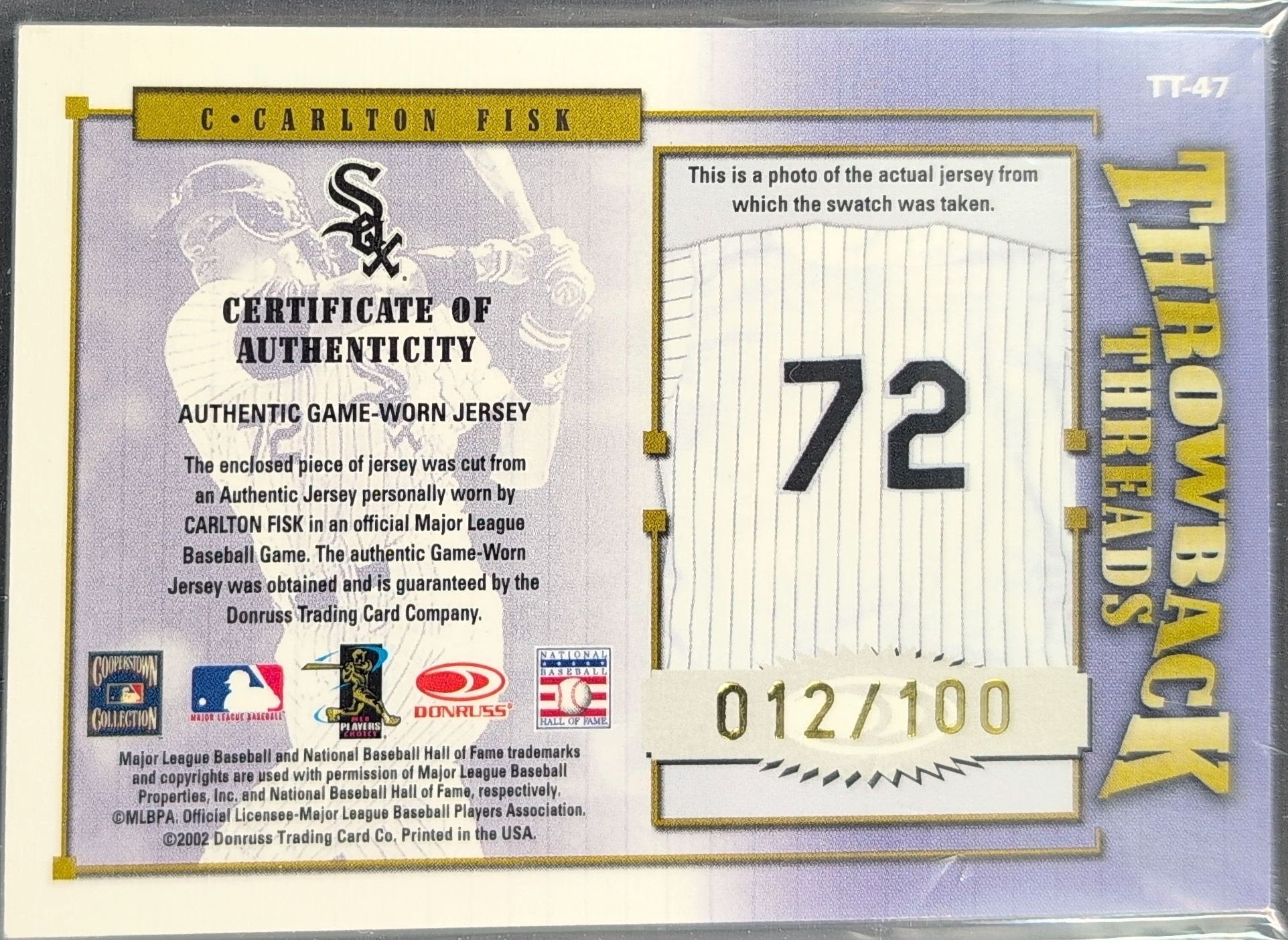Carlton Fisk 2002 Donruss Elite #TT-47 Throwback Threads Chicago White Sox - back image