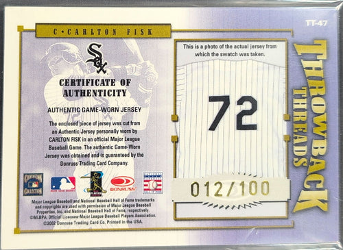 2002 Donruss Elite Carlton Fisk #TT-47 Throwback Threads SN,MEM Chicago White Sox back