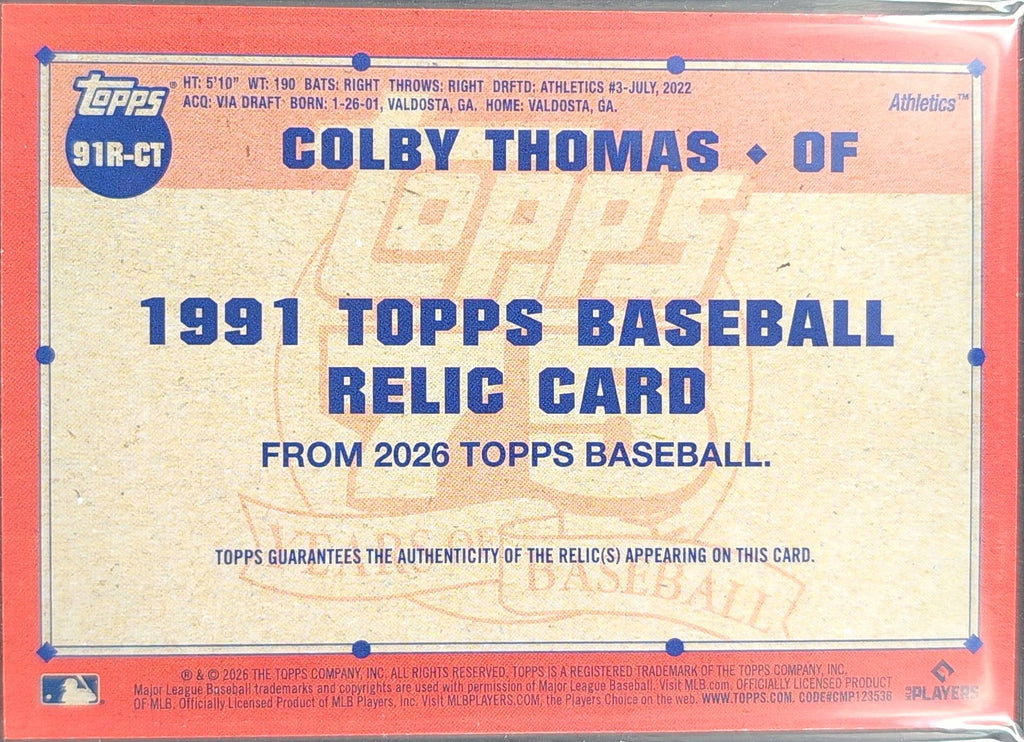 2026 Topps Colby Thomas #91R-CT 1991 Topps Baseball 35th Anniversary Relics (Series One) MEM Athletics back
