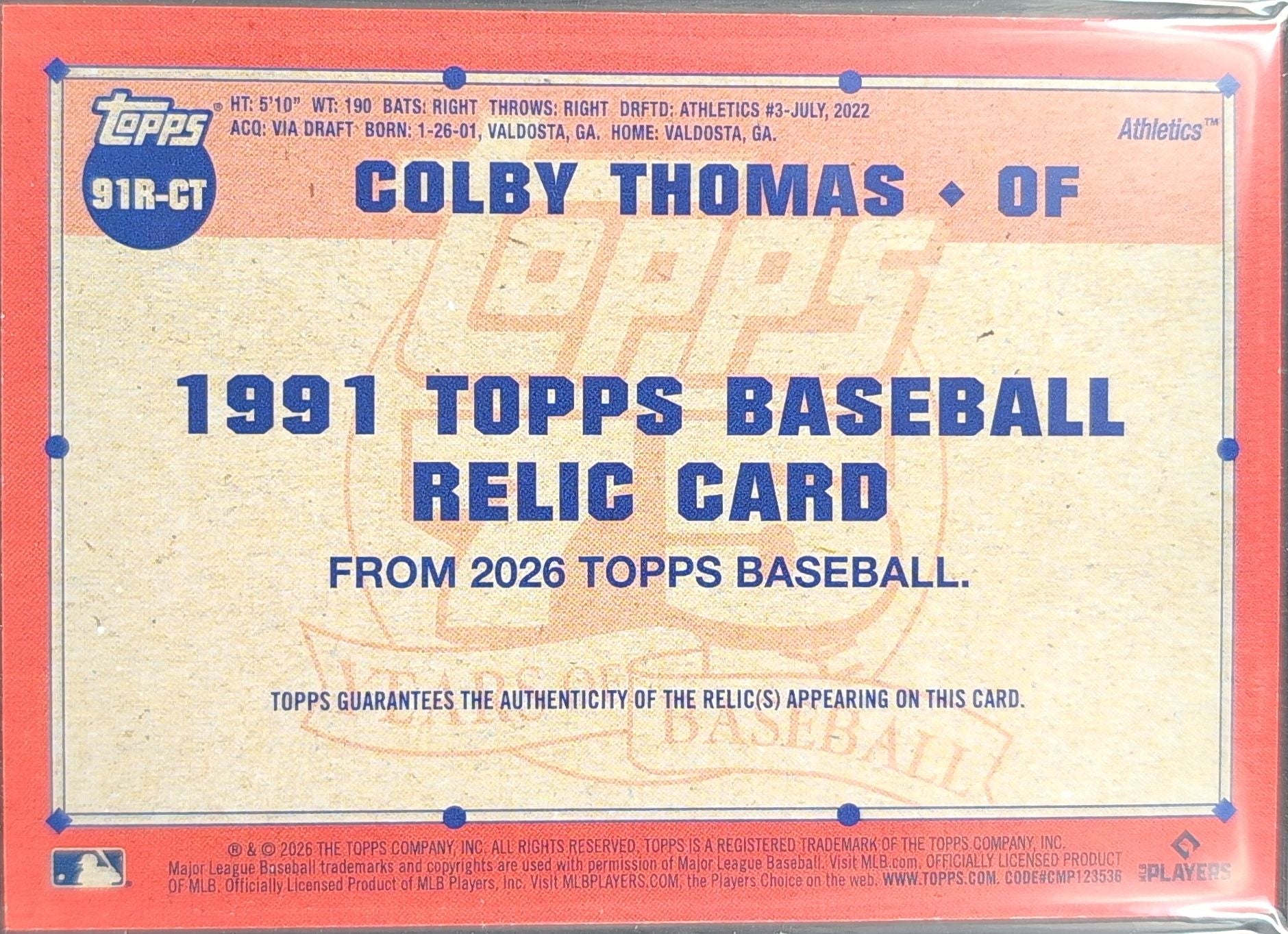 2026 Topps Colby Thomas #91R-CT 1991 Topps Baseball 35th Anniversary Relics (Series One) MEM Athletics back