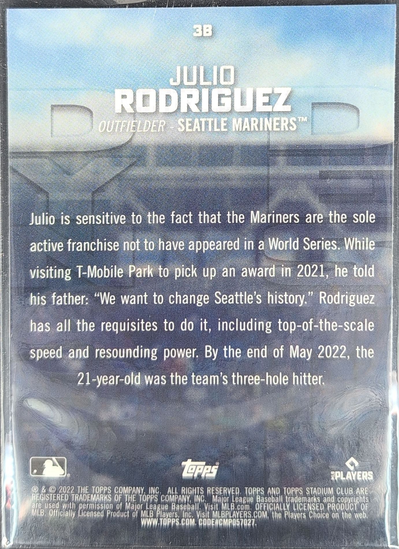 Julio Rodriguez 2022 Stadium Club #3B Destiny Wave Refractor Seattle Mariners