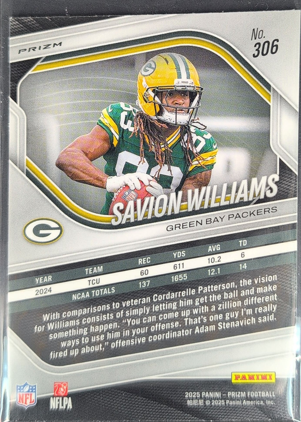 2025 Panini Prizm Savion Williams #306 Lazer Green Bay Packers back