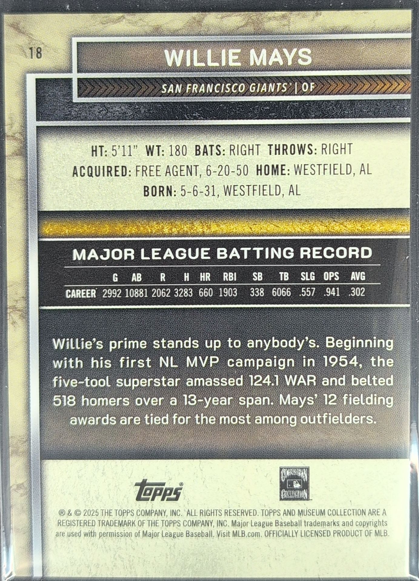 Willie Mays 2025 Topps Museum #18 Pink Sapphire San Francisco Giants #/199