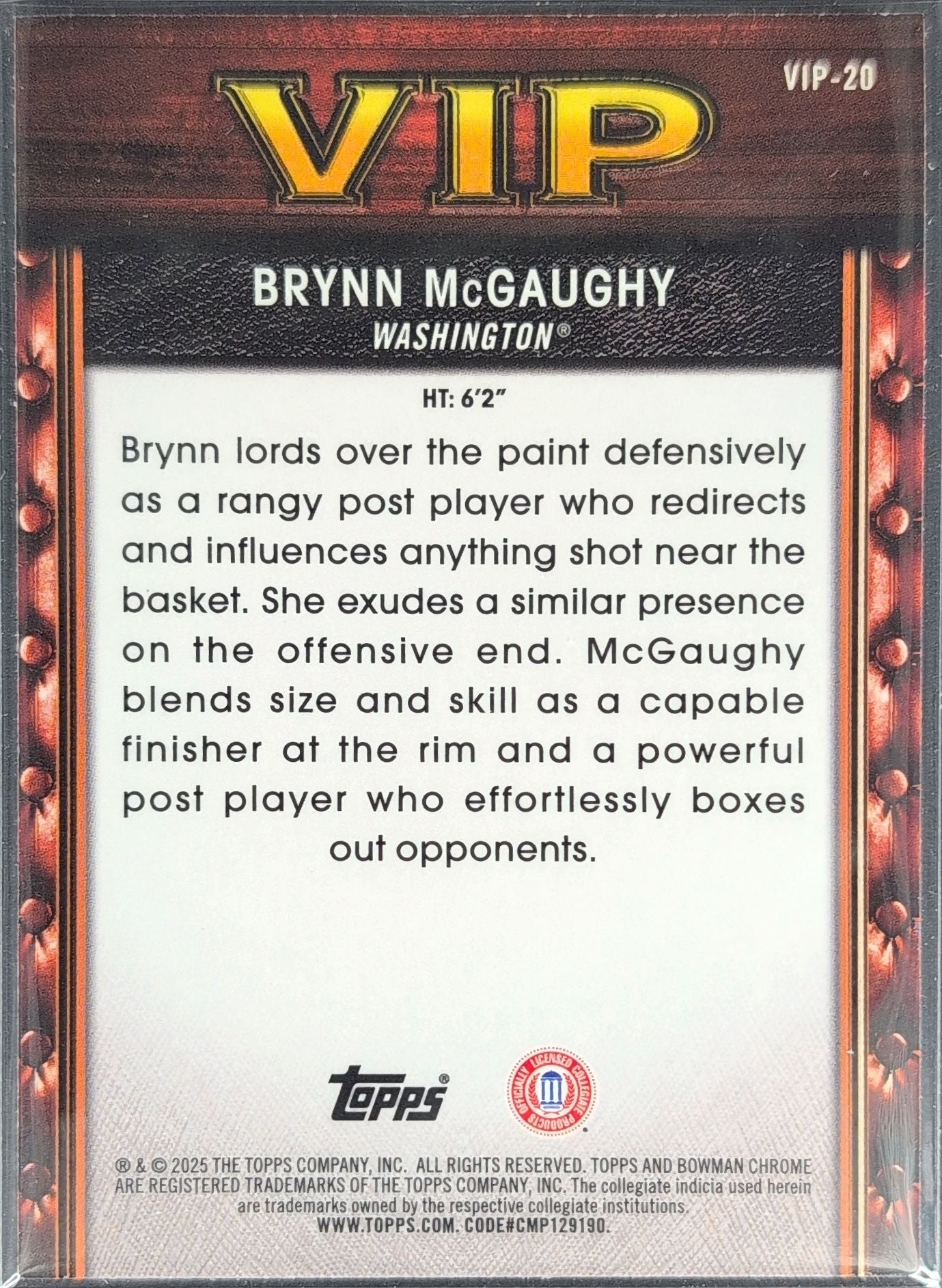 2025-26 Bowman Brynn McGaughy #VIP-20 Very Important Prospects Washington Huskies back