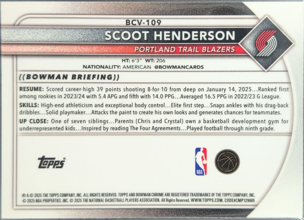 Scoot Henderson 2025-26 Bowman #BCV-109 Chrome Lava Refractor Portland Trail Blazers - back image