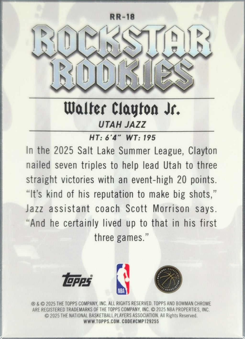 2025-26 Bowman Walter Clayton Jr. #RR-18 Rockstar Rookies Utah Jazz back