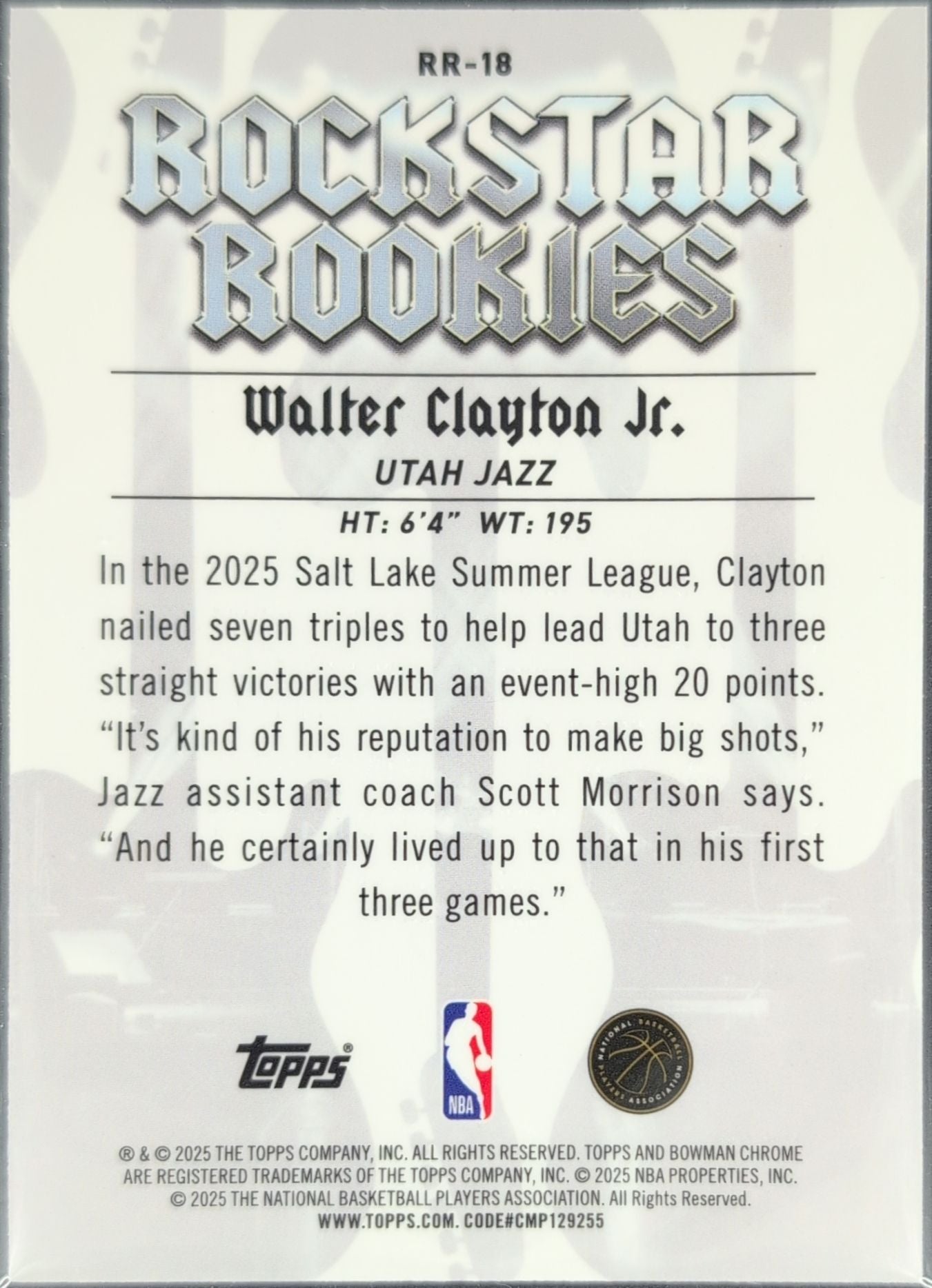 2025-26 Bowman Walter Clayton Jr. #RR-18 Rockstar Rookies Utah Jazz back