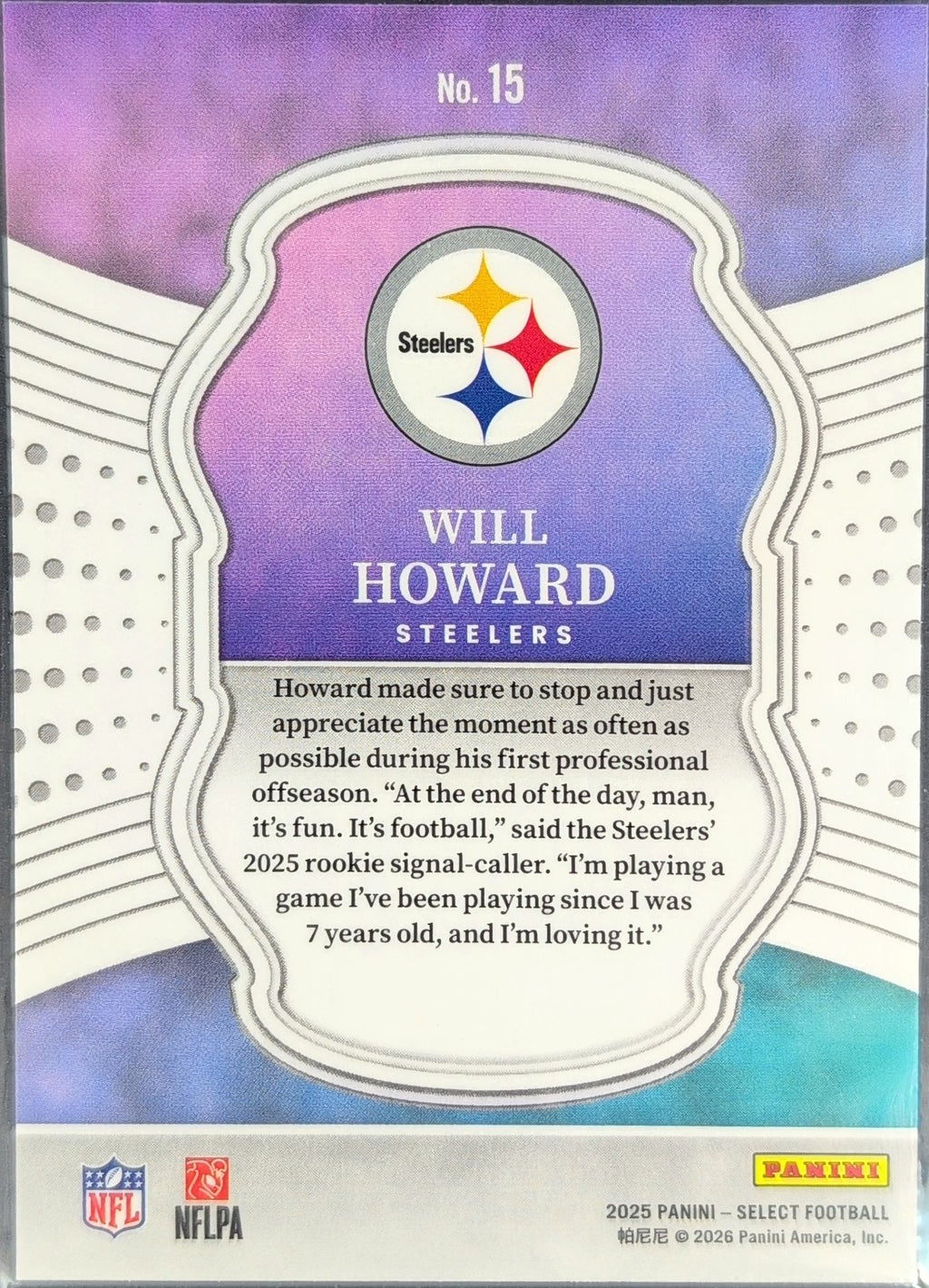 2025 Panini Select Will Howard #15 Select Certified Rookies Pittsburgh Steelers back