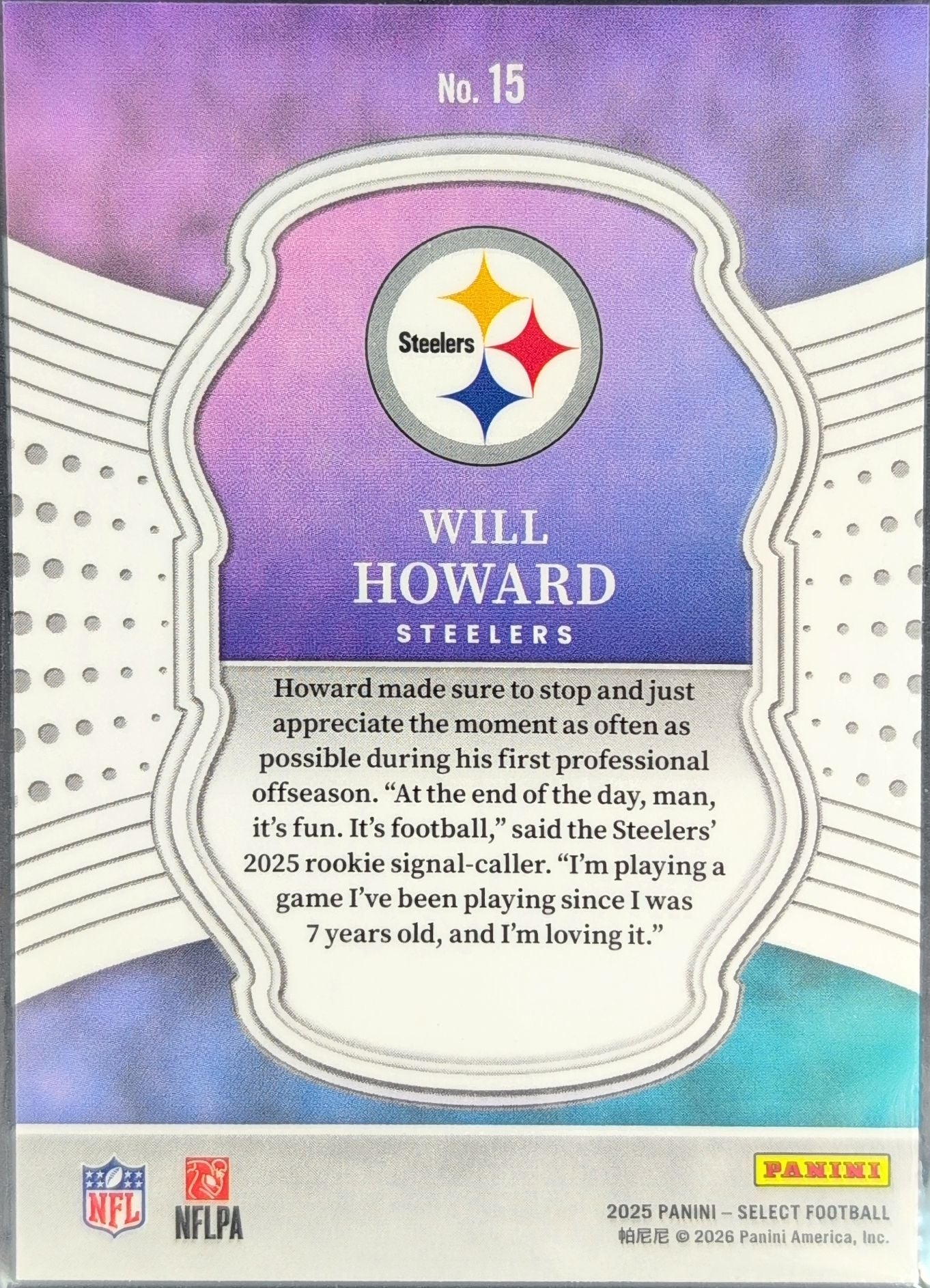 2025 Panini Select Will Howard #15 Select Certified Rookies Pittsburgh Steelers back