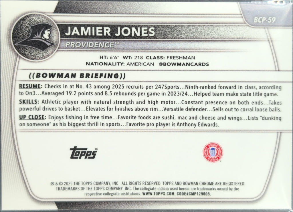 2025-26 Bowman Jamier Jones #BCP-59 Chrome Prospects Reptilian Refractor Providence Friars back