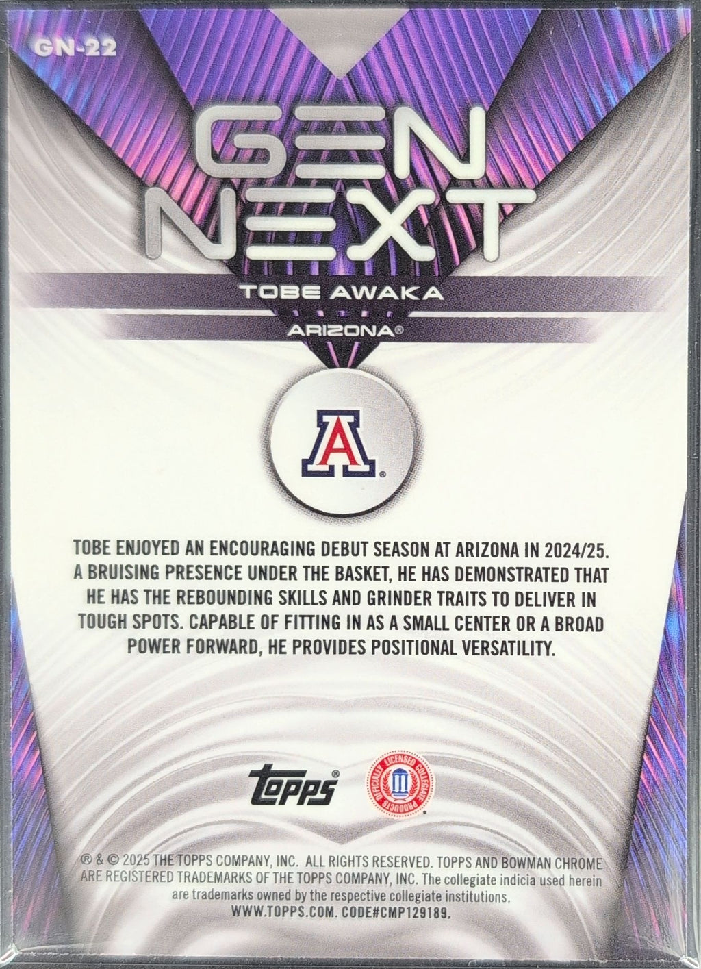 2025-26 Bowman Tobe Awaka #GN-22 Gen Next Arizona Wildcats back
