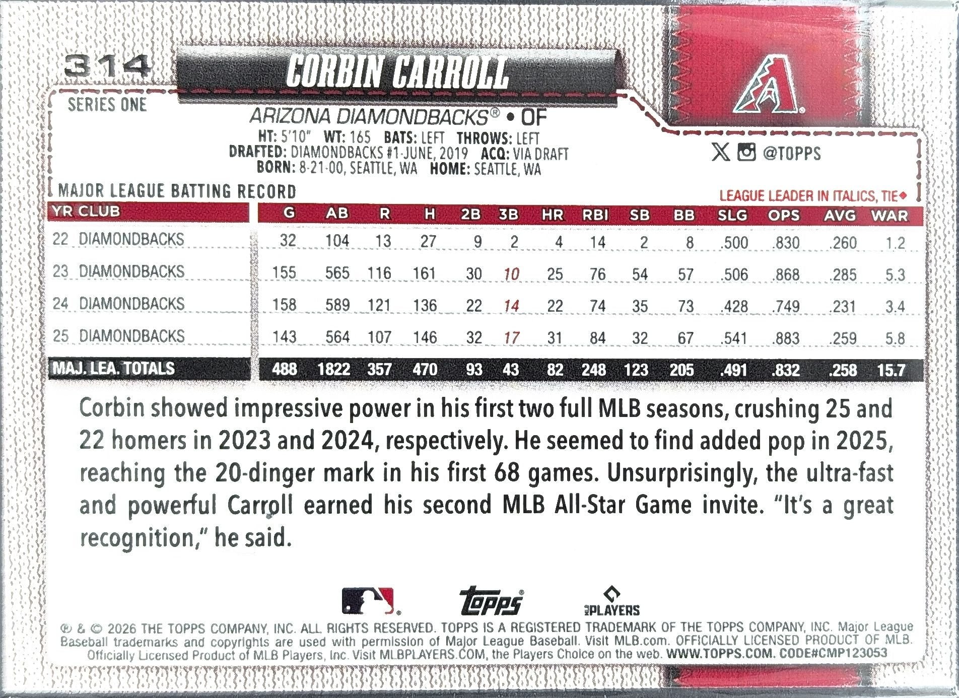 Corbin Carroll 2026 Topps #314 Diamante Foil Arizona Diamondbacks - back image
