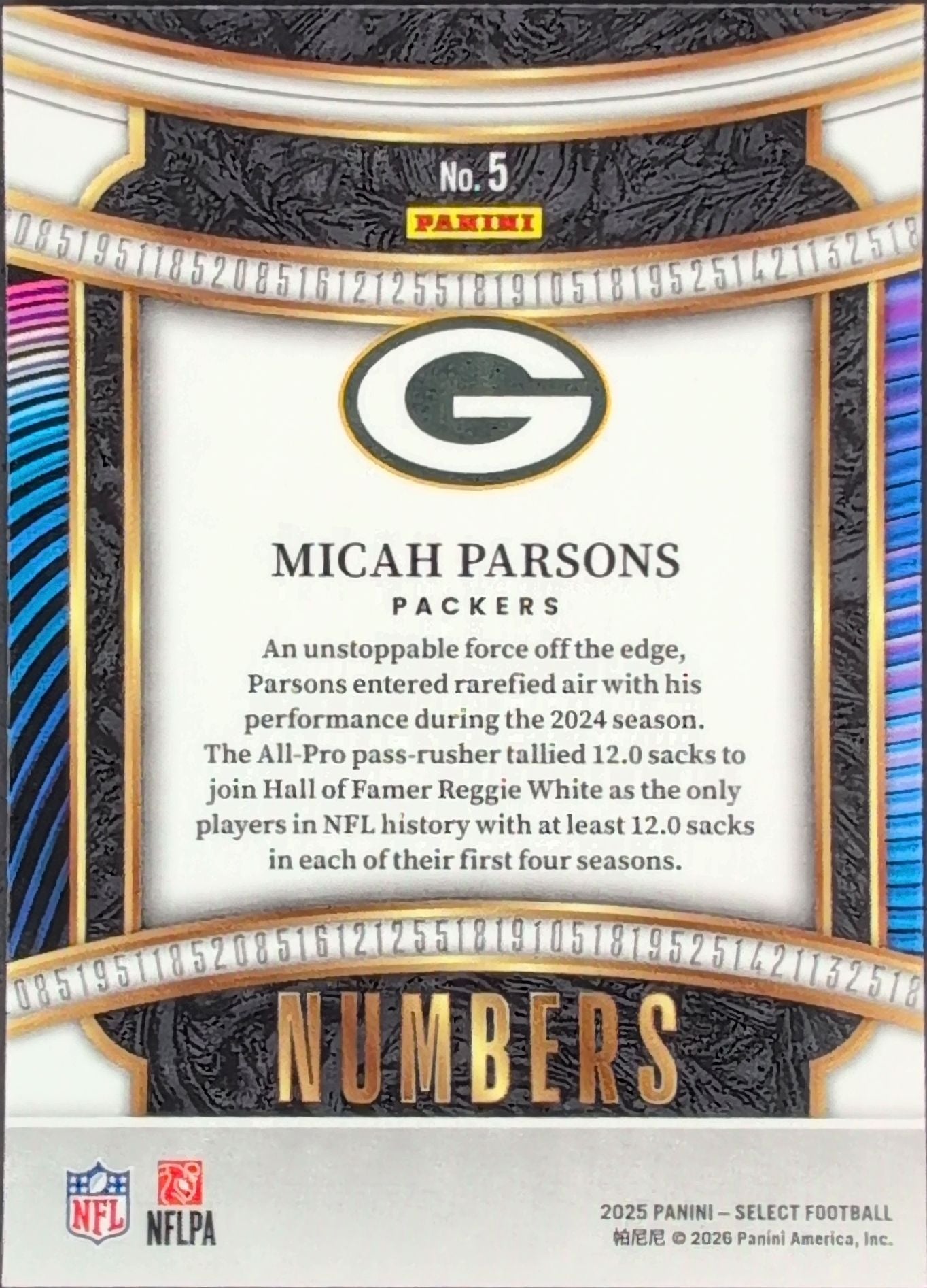 2025 Panini Select Micah Parsons #5 Select Numbers Green Bay Packers back