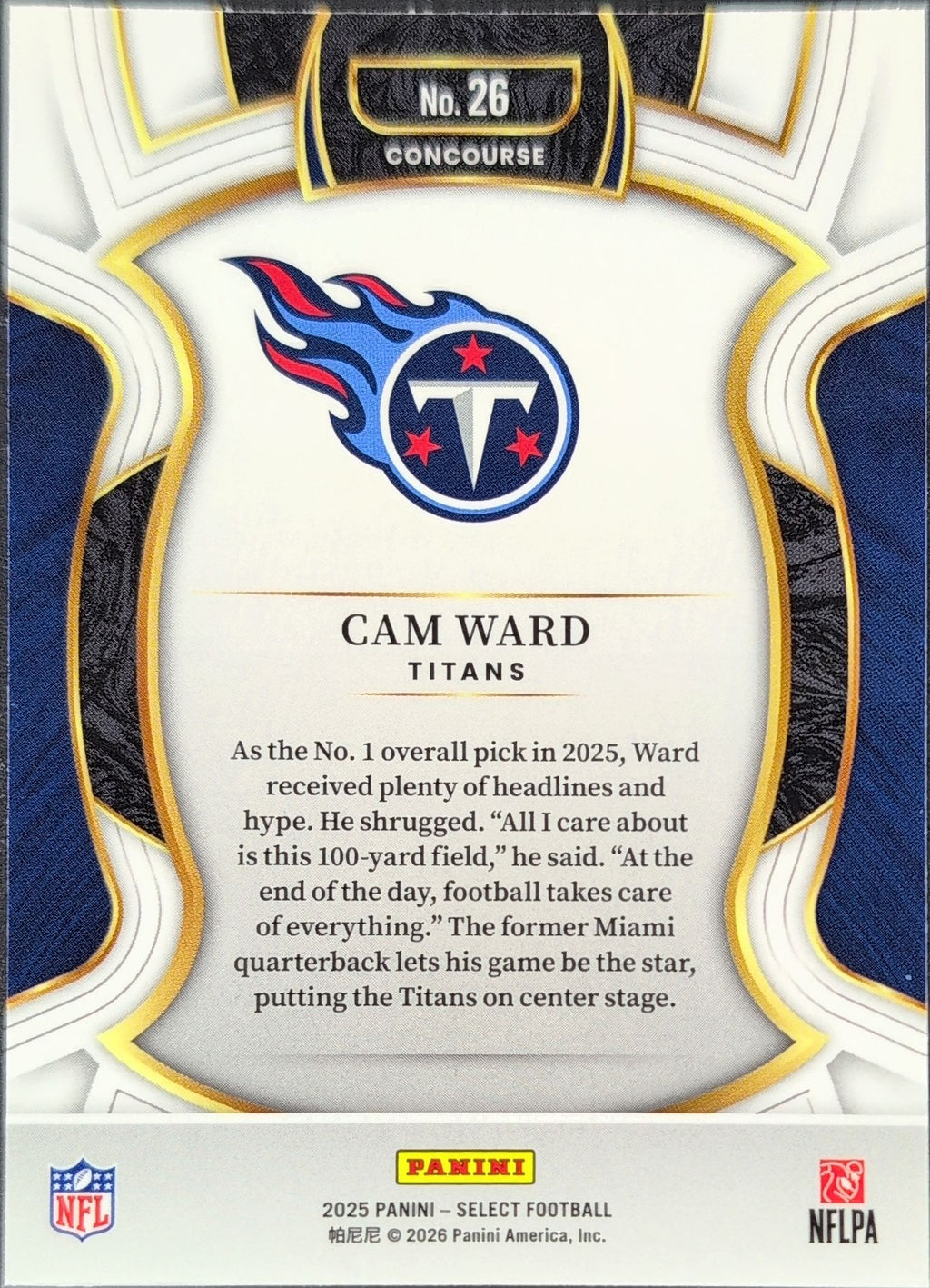 2025 Panini Select Cam Ward #26 Tennessee Titans back