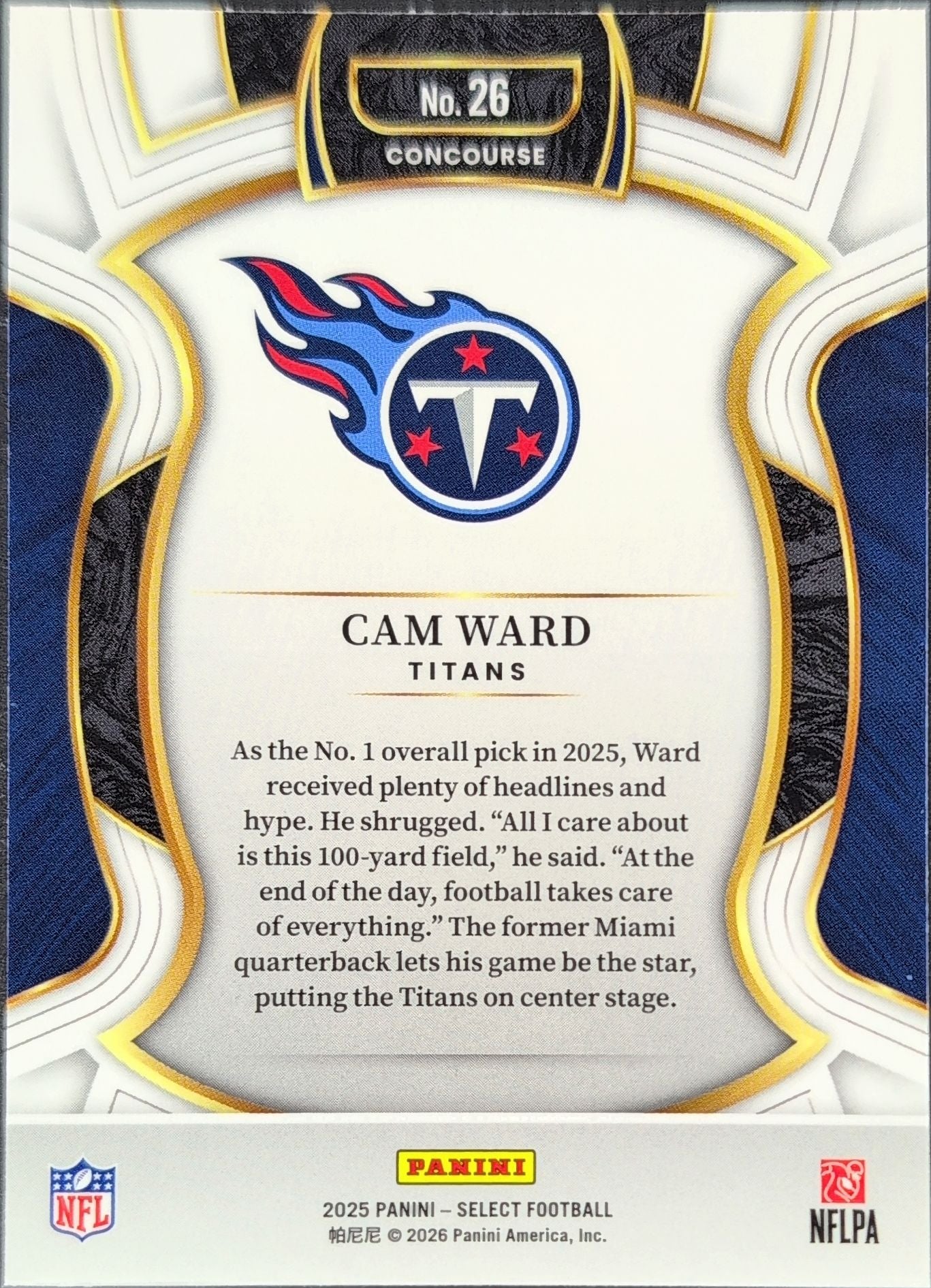 2025 Panini Select Cam Ward #26 Tennessee Titans back
