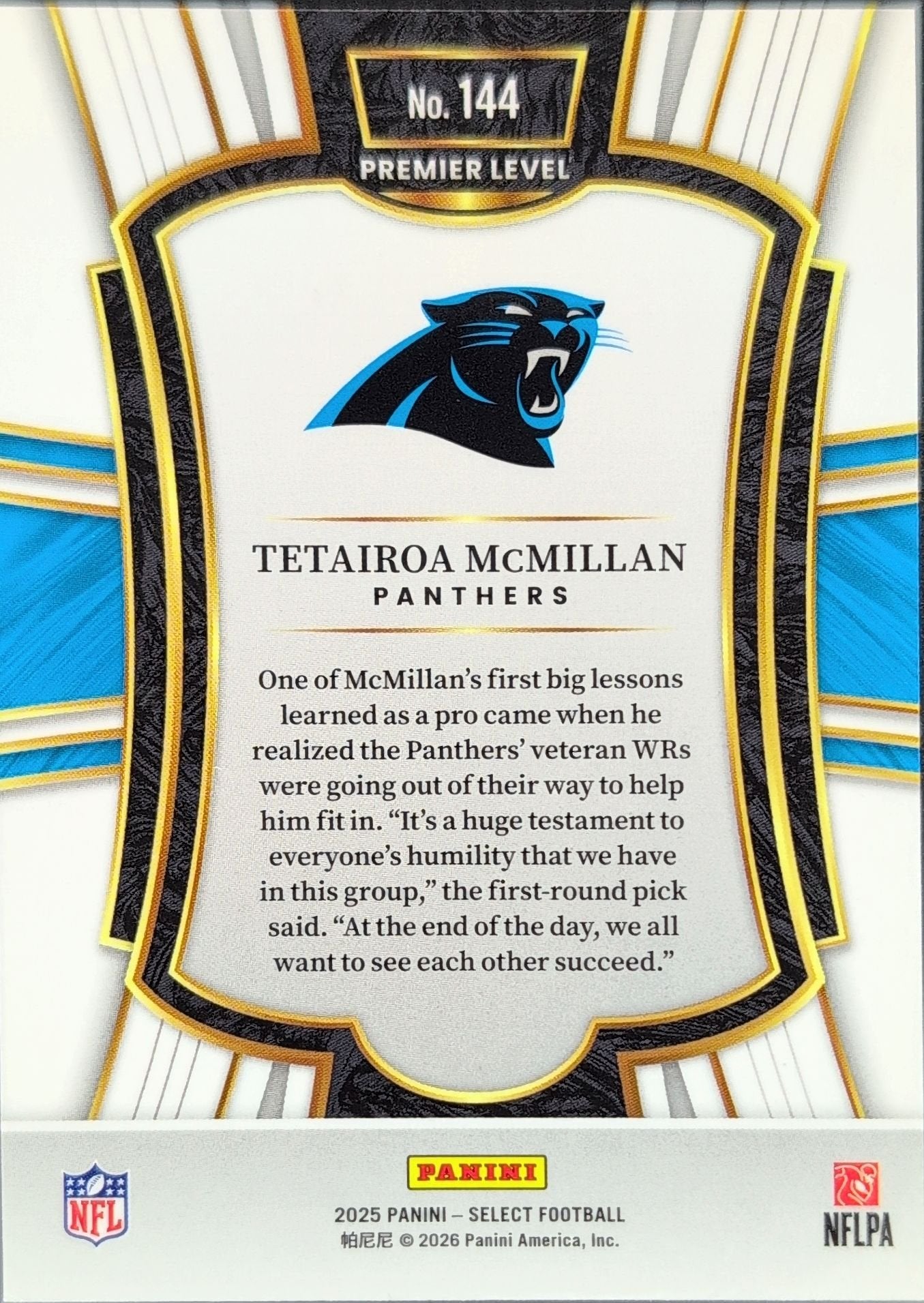 Tetairoa McMillan 2025 Panini Select #144 Rookie RC Carolina Panthers - back image