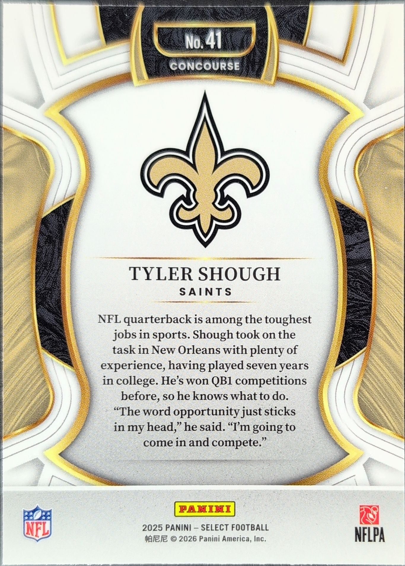 2025 Panini Select Tyler Shough #41 New Orleans Saints back