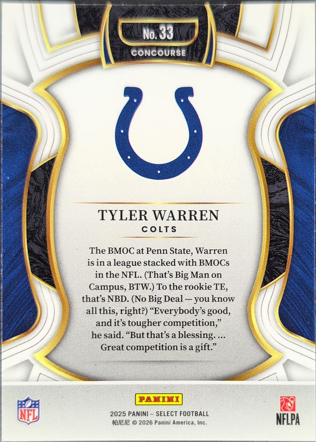 2025 Panini Select Tyler Warren #33 Indianapolis Colts back
