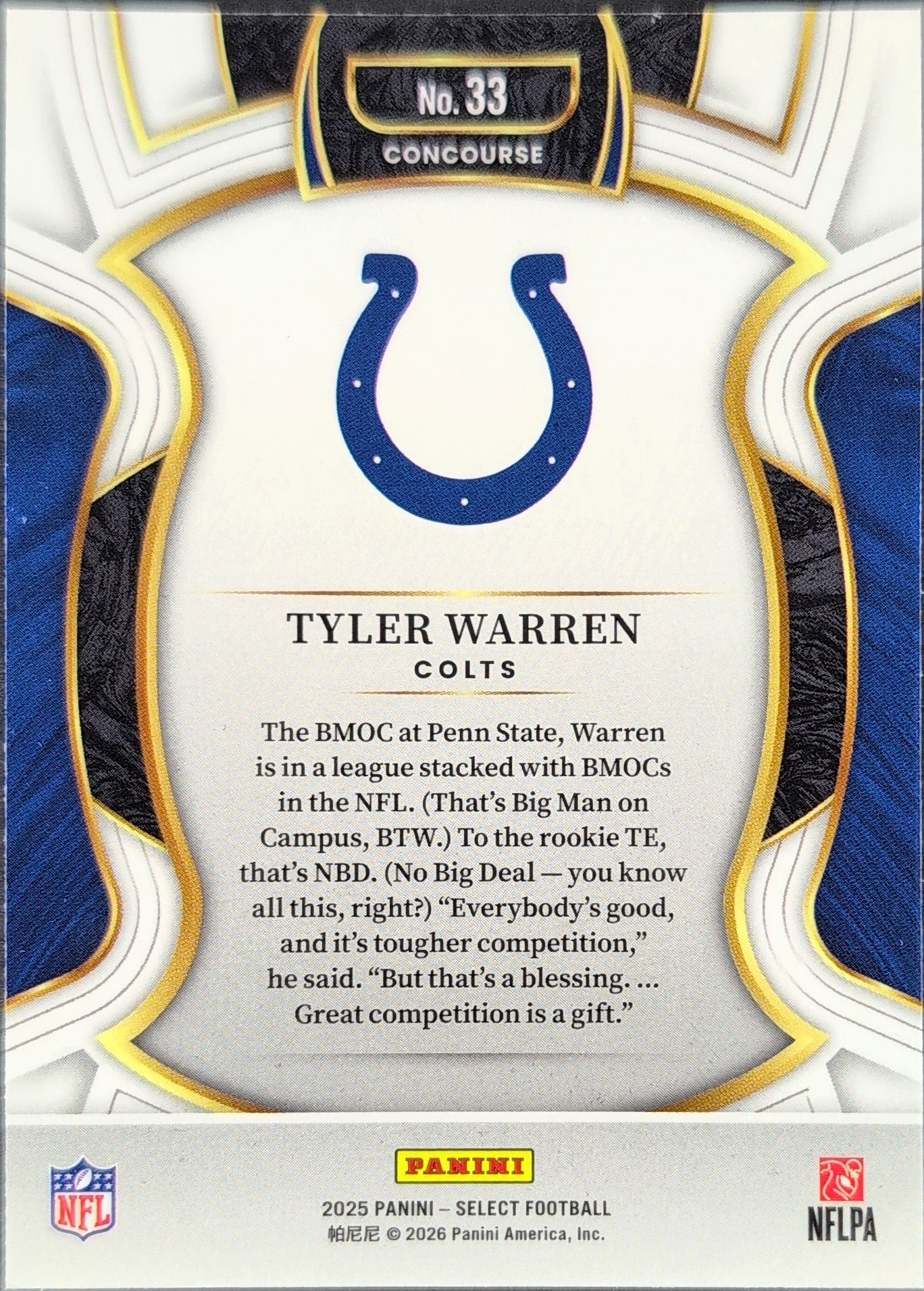 2025 Panini Select Tyler Warren #33 Indianapolis Colts back