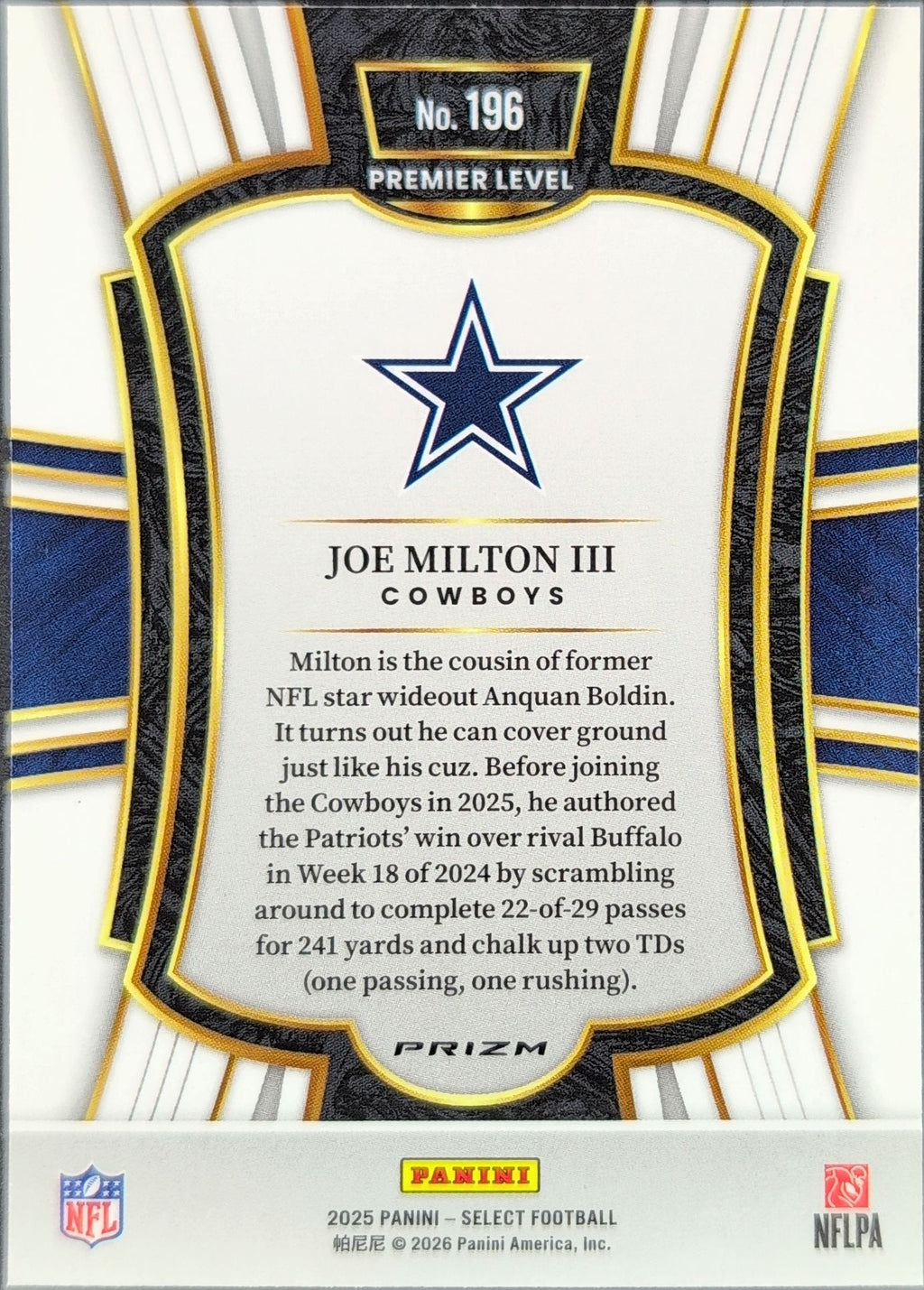2025 Panini Select Joe Milton III #196 Black and Green Prizm Shock Dallas Cowboys back