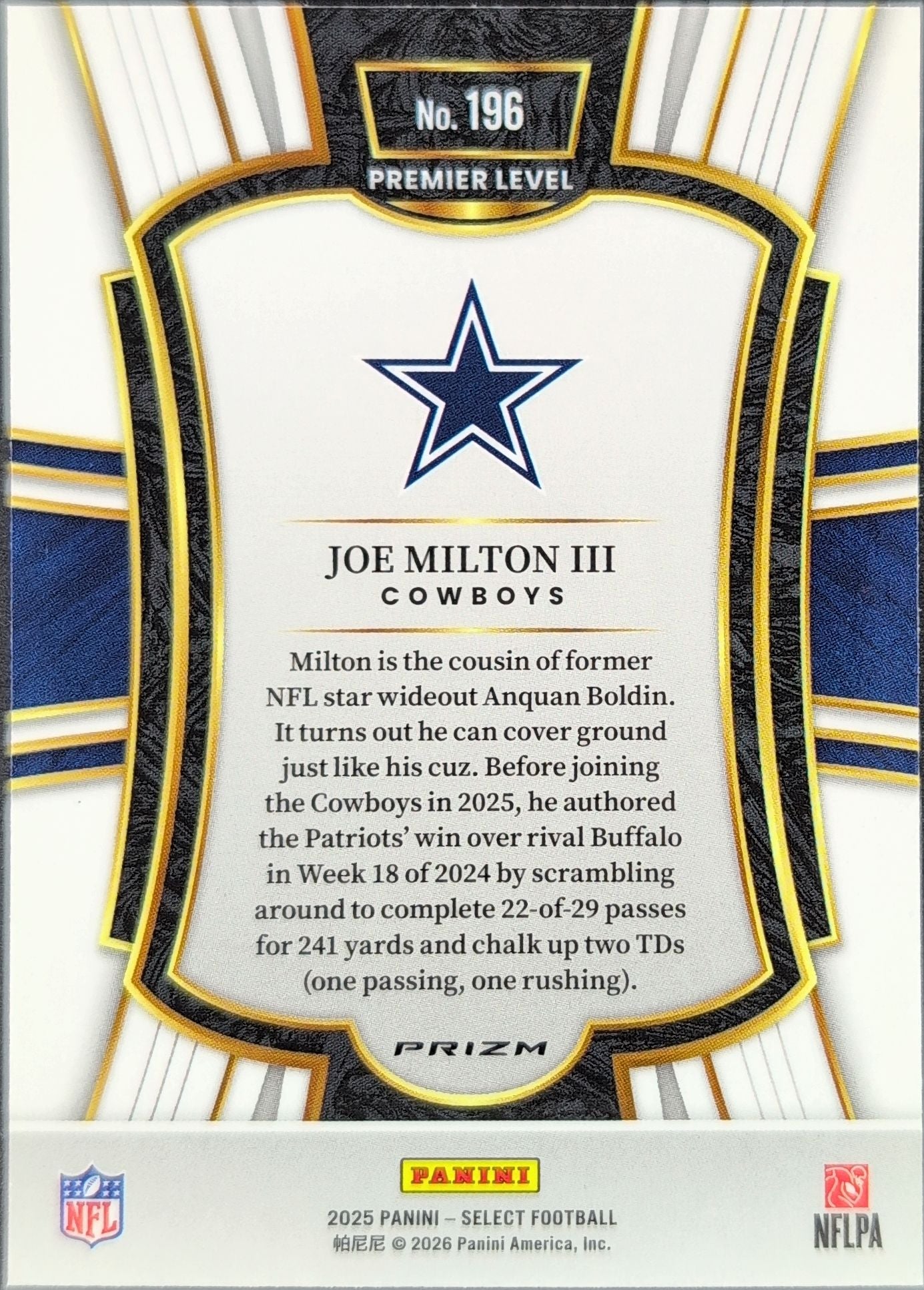 2025 Panini Select Joe Milton III #196 Black and Green Prizm Shock Dallas Cowboys back