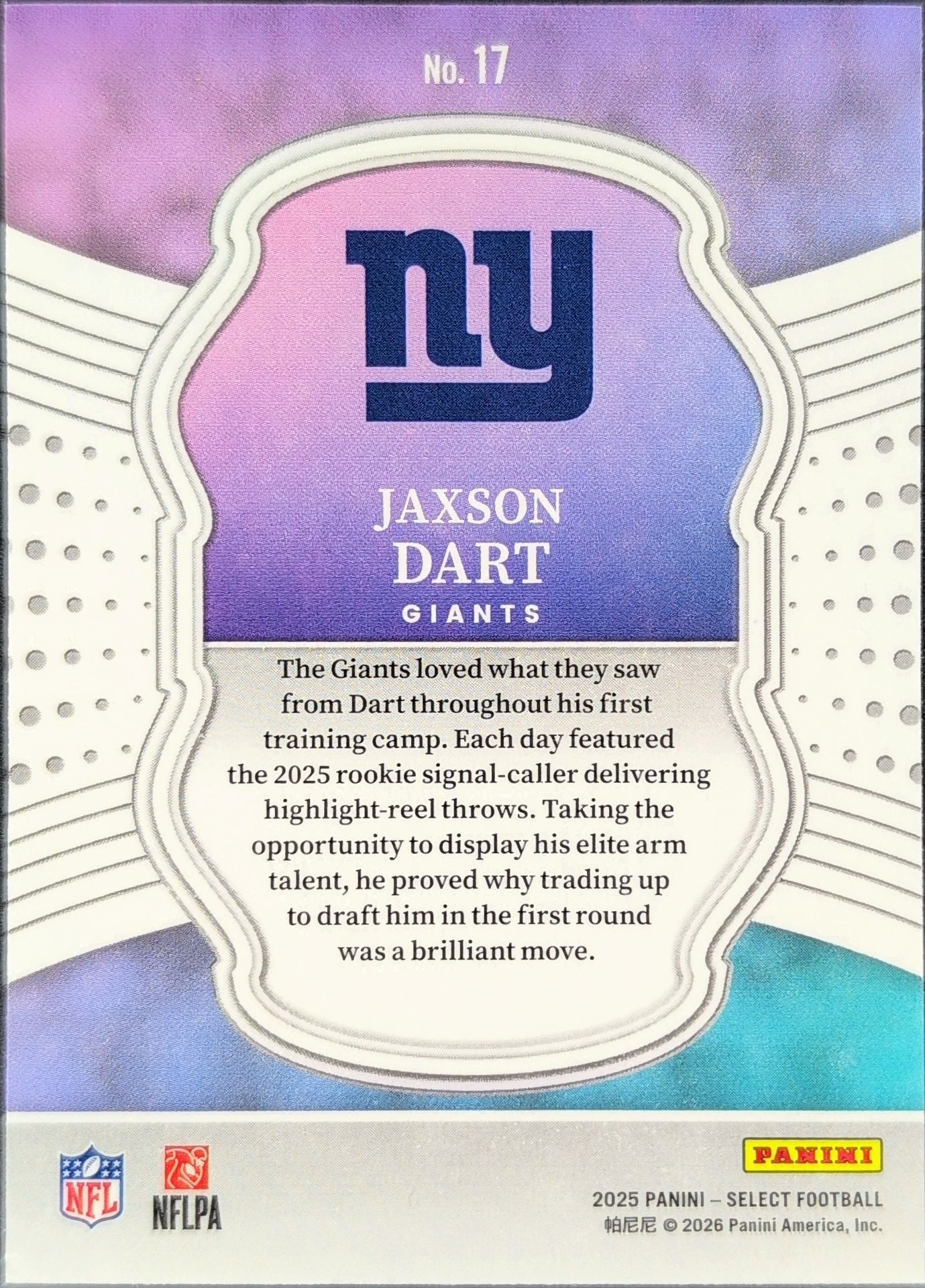 2025 Panini Select Jaxson Dart #17 Select Certified Rookies New York Giants back