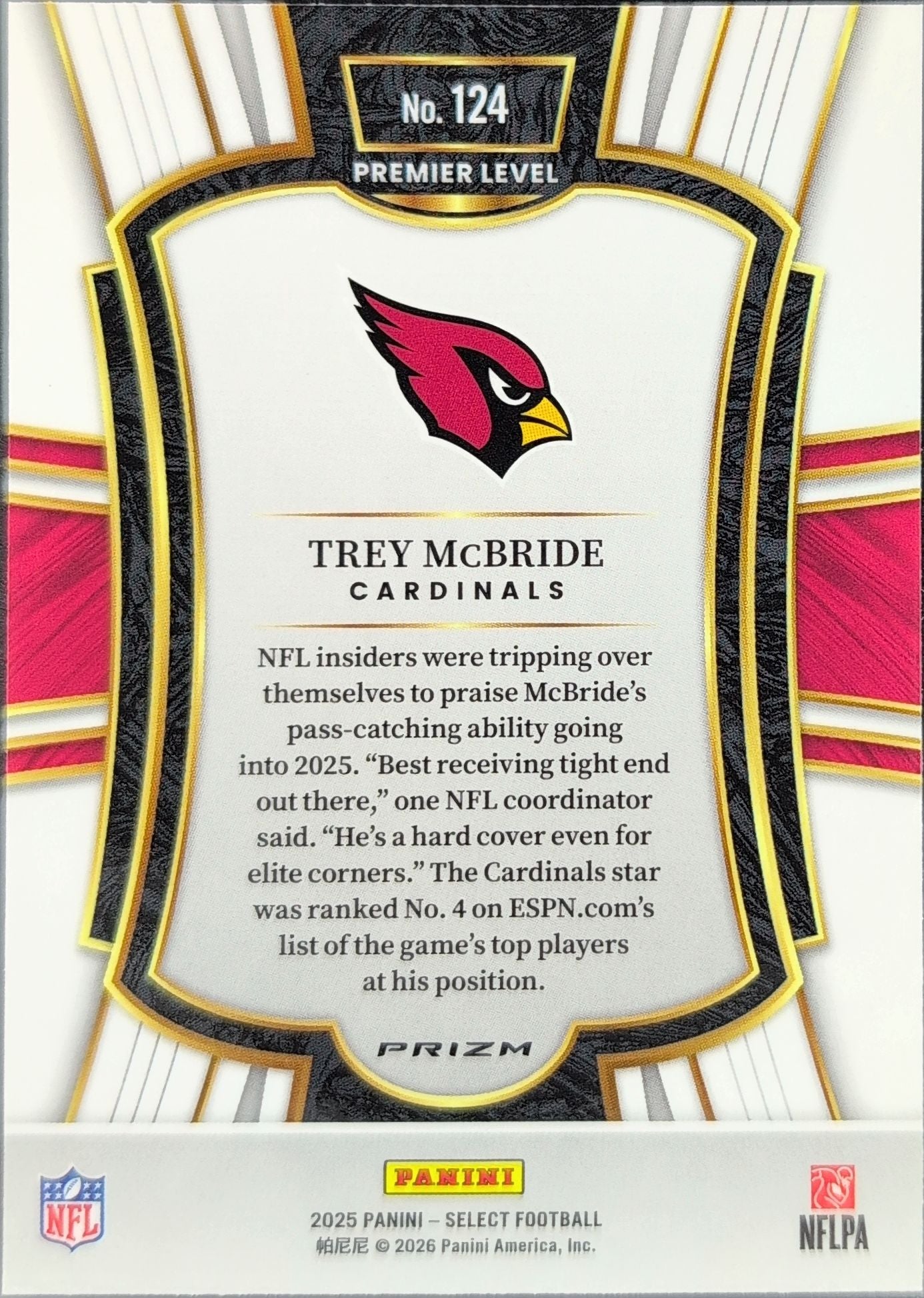 2025 Panini Select Trey McBride #124 Silver Prizm Arizona Cardinals back
