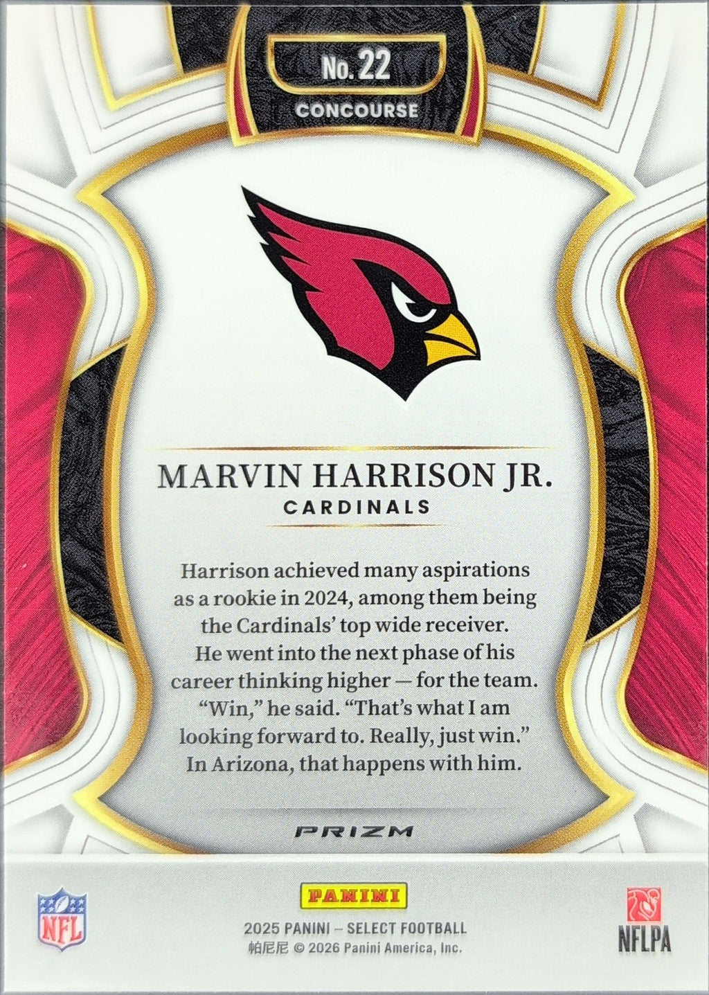 2025 Panini Select Marvin Harrison Jr. #22 Black and Green Prizm Shock Arizona Cardinals back
