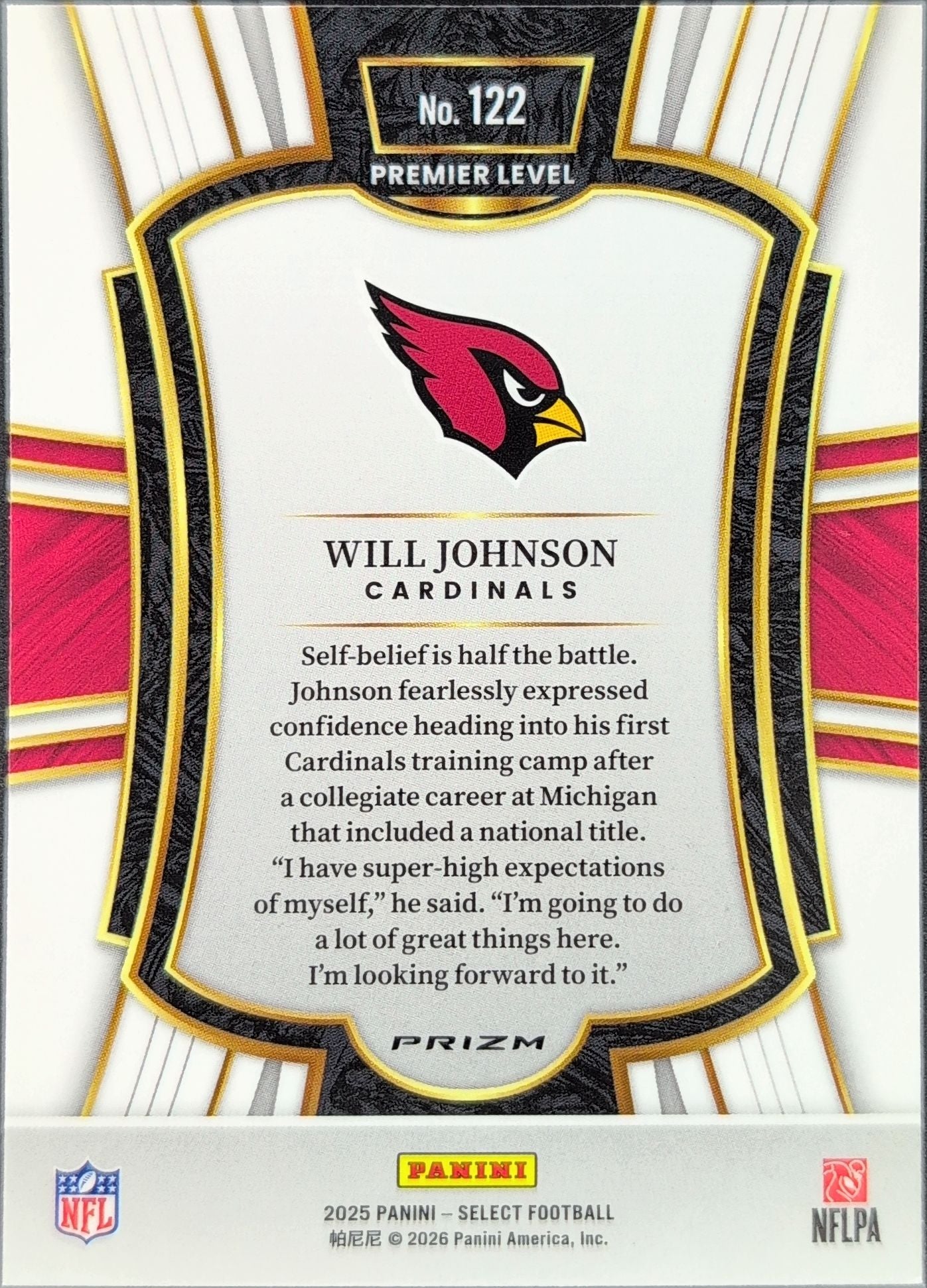 2025 Panini Select Will Johnson #122 Black and Green Prizm Shock Arizona Cardinals back